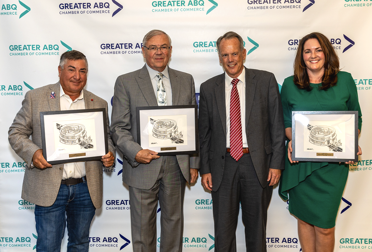 Bronwen Murray with Sen. George Muñoz, Sen. Bill Sharer and Dr. Michael Richards at the Greater Albuquerque Chamber’s 2025 Legislative Awards recognizing work on New Mexico’s Medicaid Trust Fund.