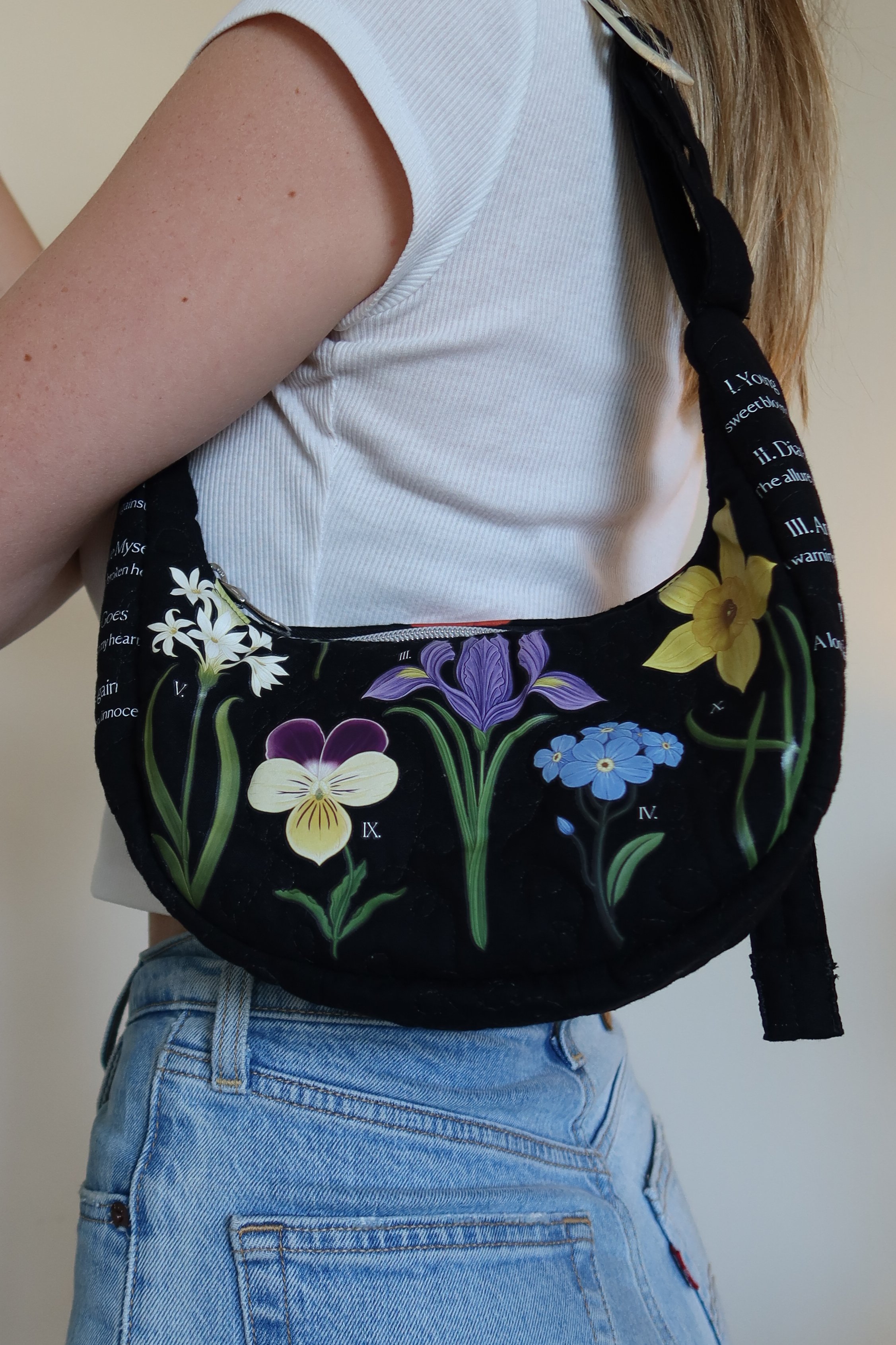 Black Floral Mini Crescent Bag