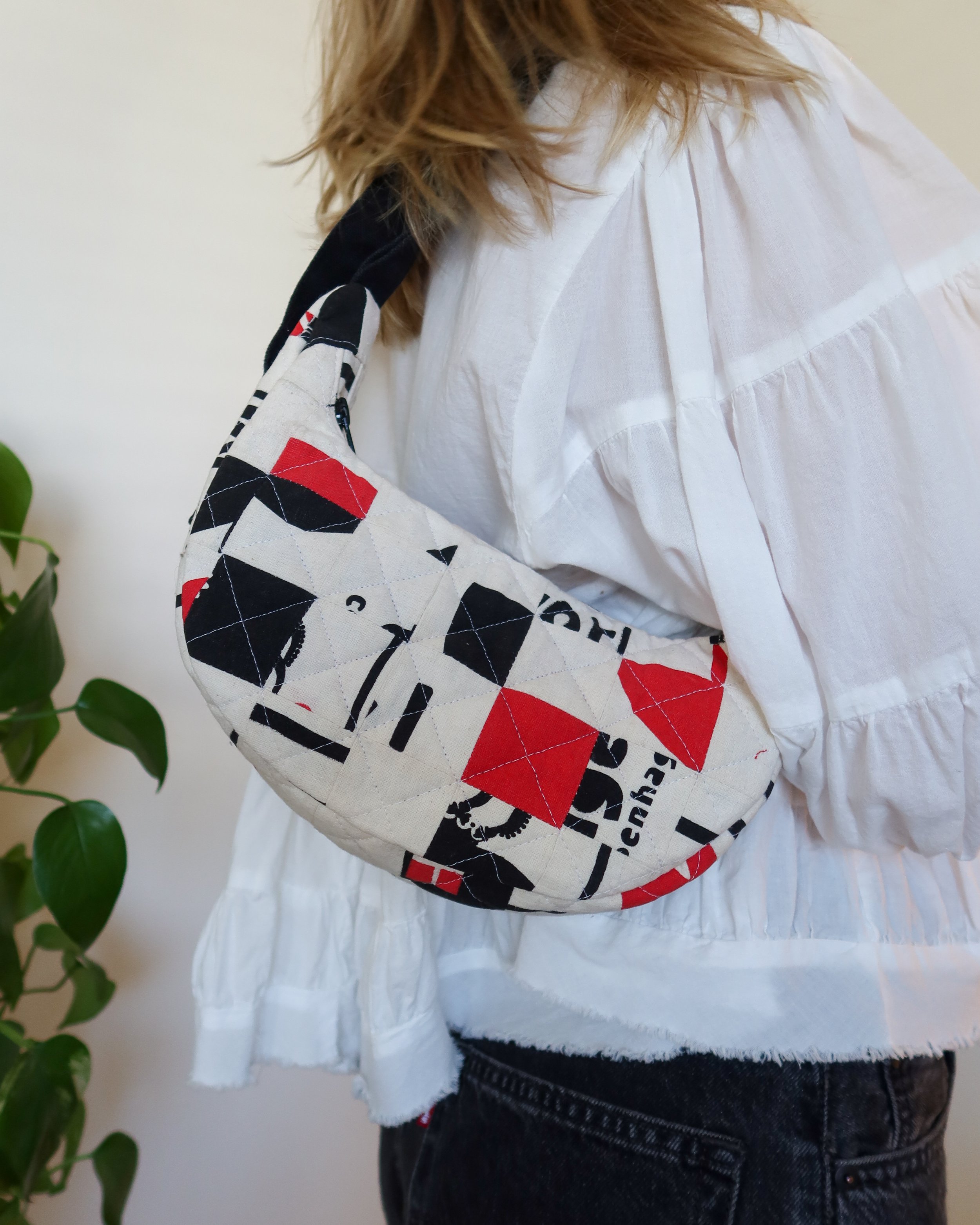 Black & Red Patchwork Mini Crescent Bag