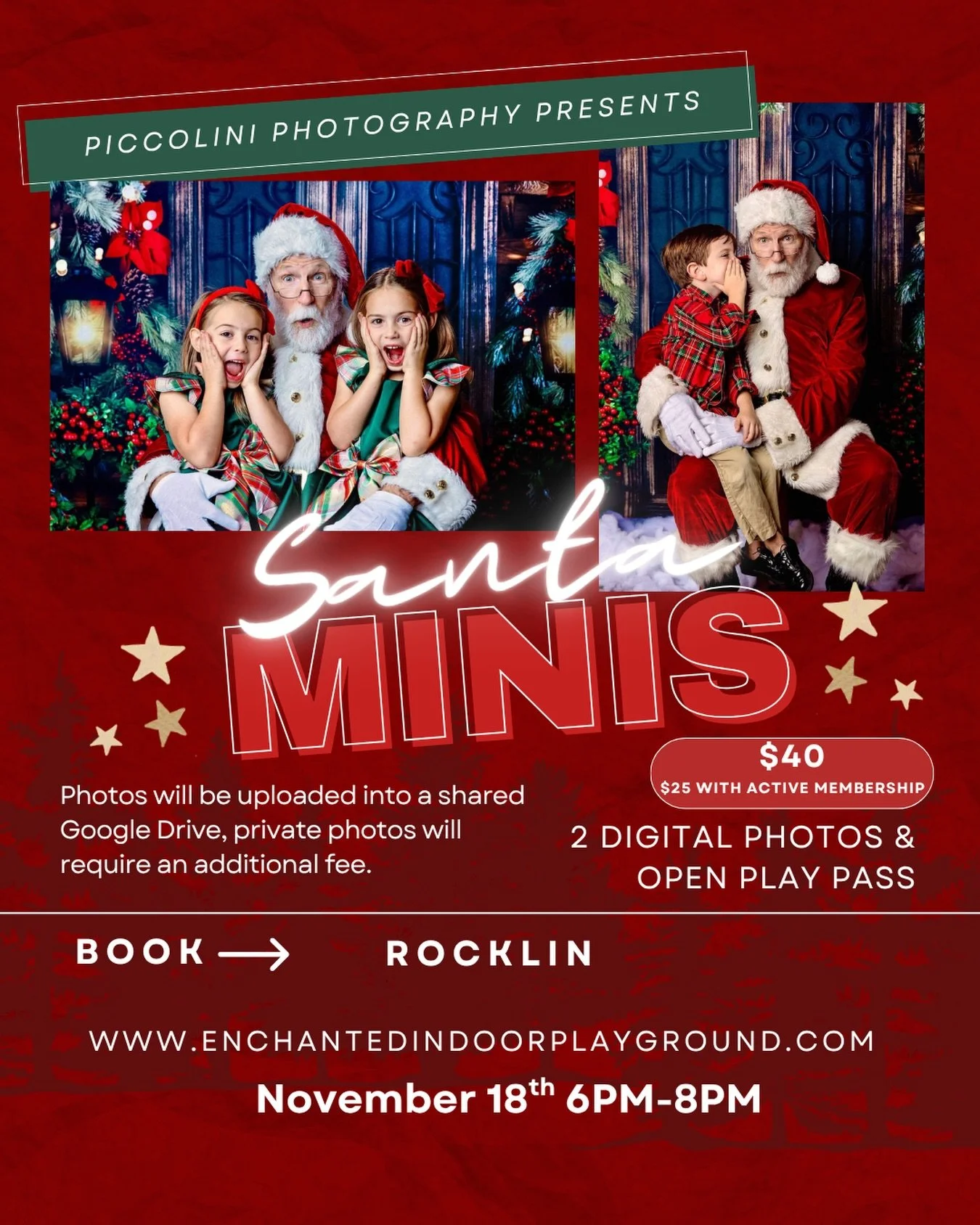 🎅✨ Santa Minis are coming to Enchanted Rocklin! ✨🎄

Make some holiday memories with Piccolini Photography and Santa at Enchanted! ❤️

📸 Santa Mini Session includes:
&bull; 2 digital photos
&bull; 1 Open Play Pass
&bull; $40 per session
&bull; $25 