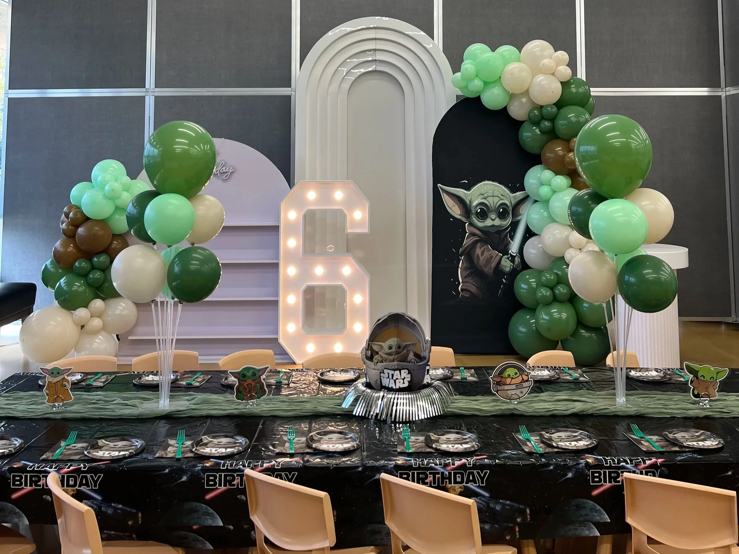 Baby Yoda Deluxe party setup at Enchanted Rocklin