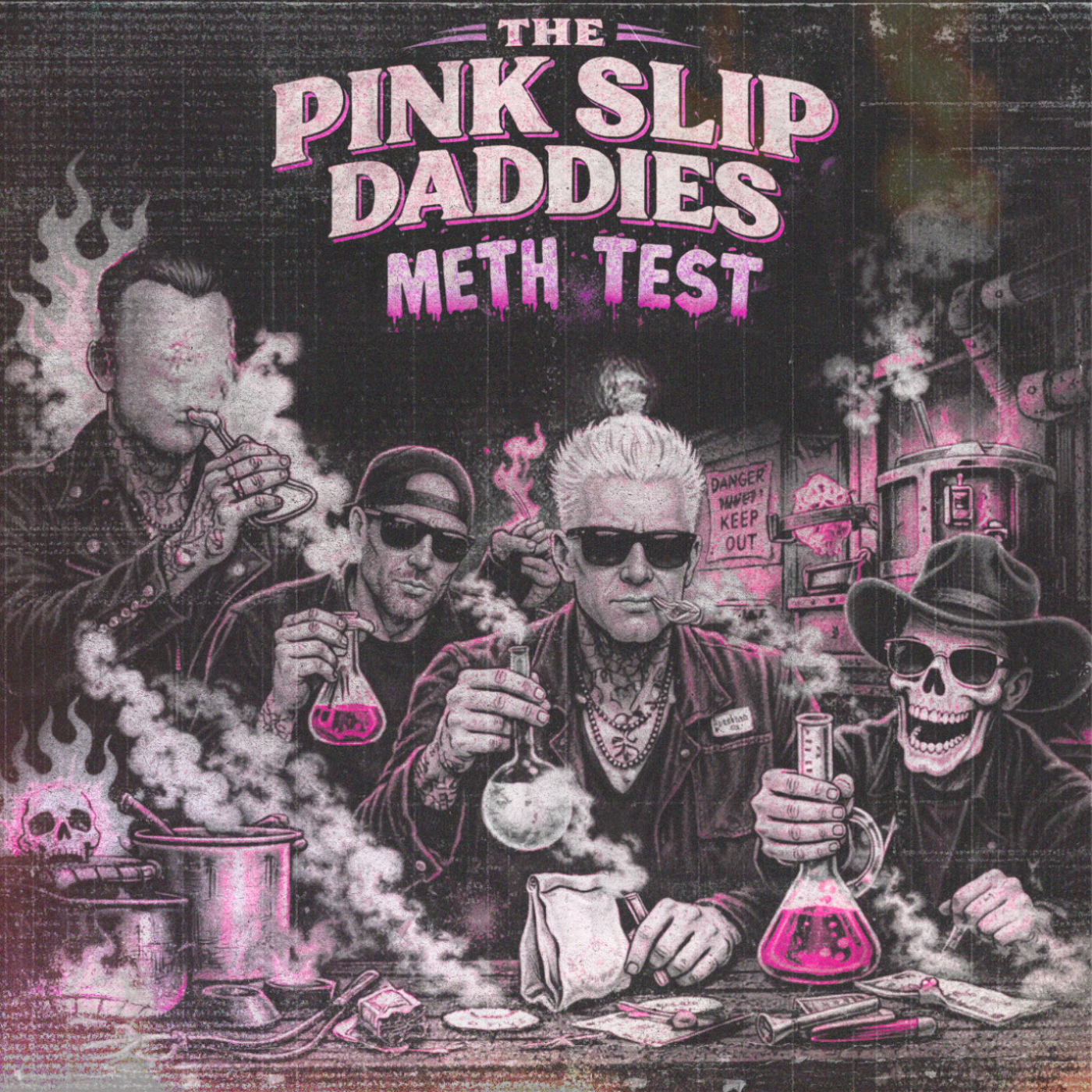 A futuristic cityscape with industrial buildings, neon lights, and smoke, with a pink sky and a neon sign reading "The Pink Slip Daddies" at the top, and "Meth Test" written on a smoke plume.