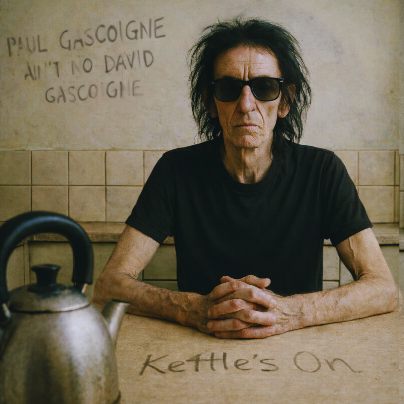 A man with messy black hair and sunglasses sitting at a table with a vintage kettle in the foreground. Behind him, a wall has handwritten text that reads, "PAUL GASCOIGNE AIN'T NO DAVID GASCOIGNE," along with a note that says, "kettle's on" and a QR code.