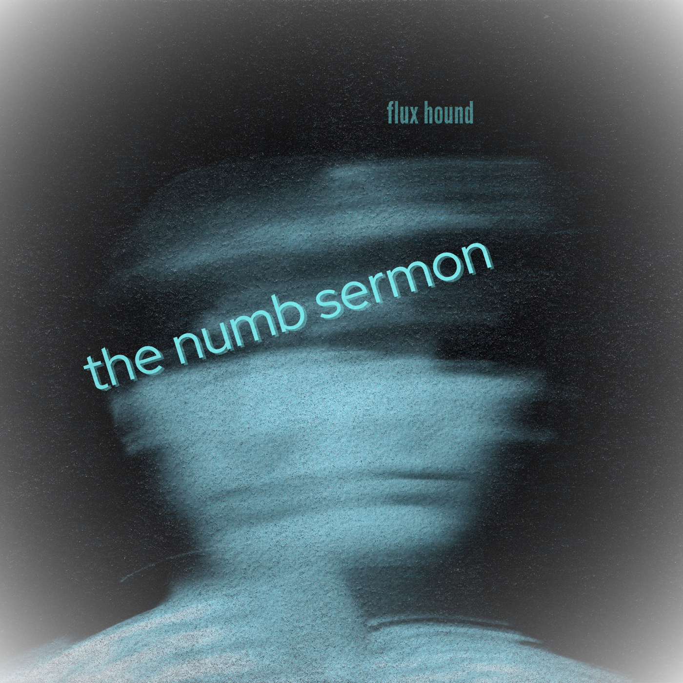 Abstract image of a television screen with static noise, featuring overlays of blue text that read "flux hound" at the top and "the numb sermon" across the center.