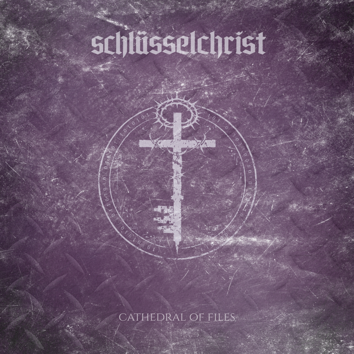 Gray book cover with the German words 'Schlüsselchrist' and the English words 'Cathedral of Files,' featuring a decorative cross in the center.