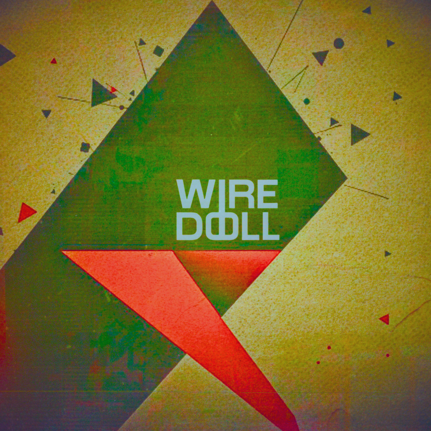 Abstract geometric artwork featuring a large black and red layered shape on a light background, surrounded by various small black, red, and white triangles, circles, and lines.