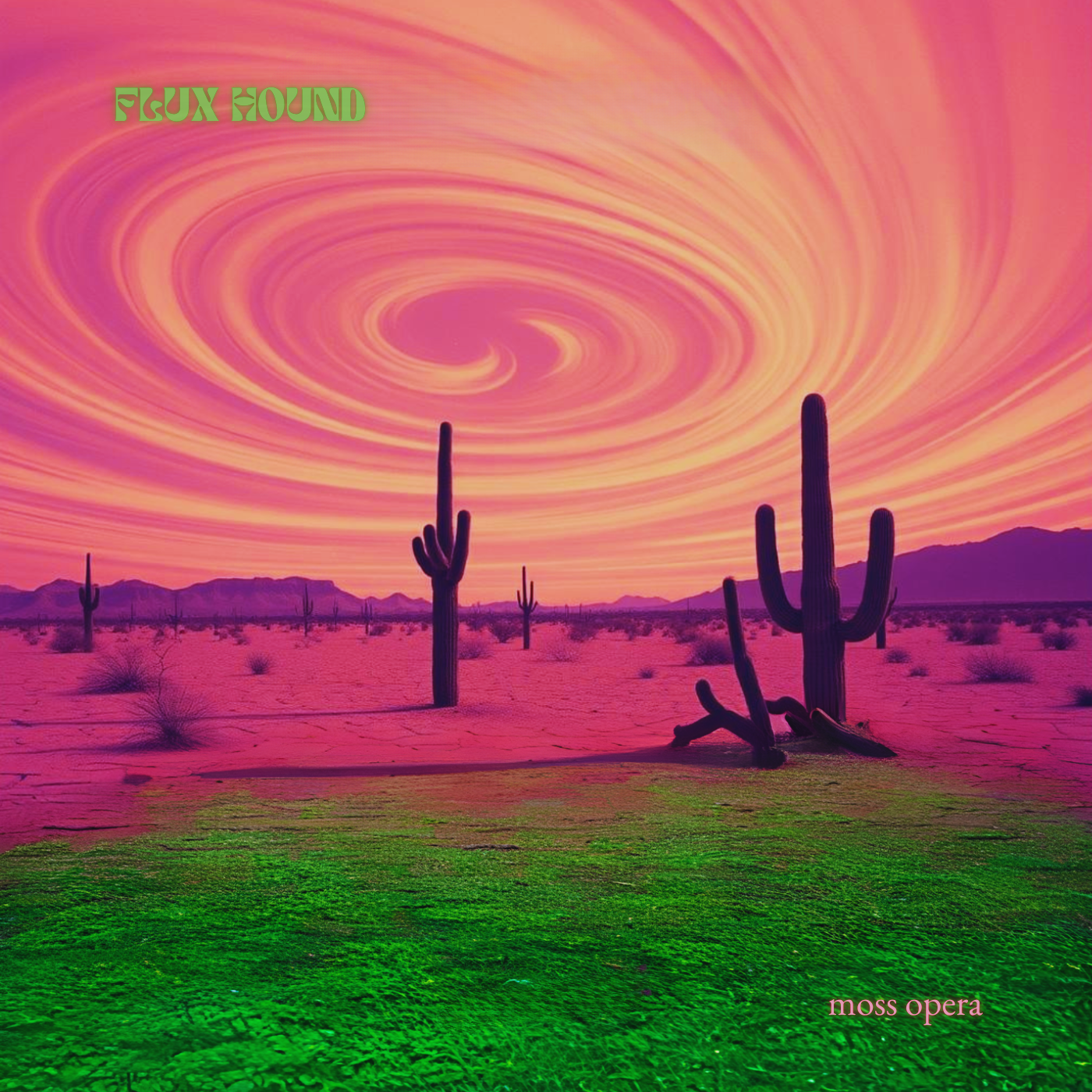 Desert landscape with saguaro cacti, mountains in the background, and a colorful swirling sky in shades of pink and orange. Text overlay says 'FLUX HOUND' at the top and 'moss opera' at the bottom.