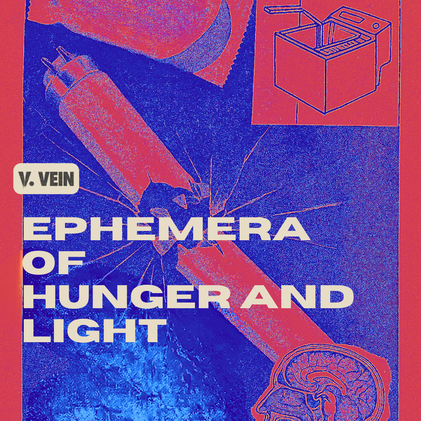 Book cover titled 'Ephemera of Hunger and Light' with images of a broken light bulb, a juice box, and a human brain in a stylized, abstract design.