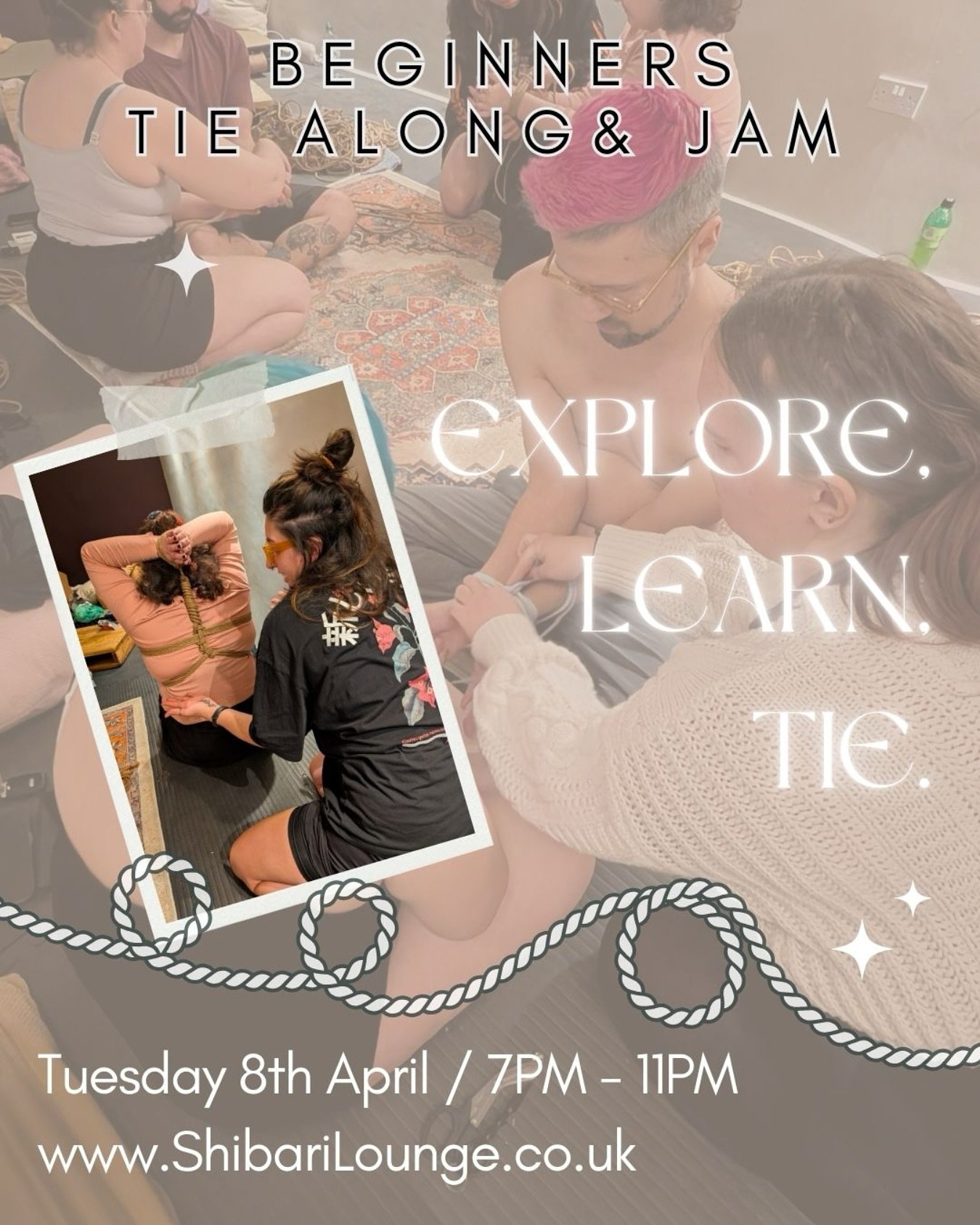 Explore, Learn, Tie. Join our Tuesday evening Tie-along and Jams for a social and fun ropey evening of connecting with like minded individuals, getting to grips with some shibari building blocks and how to apply them in an initiative way 🩵 Get your 
