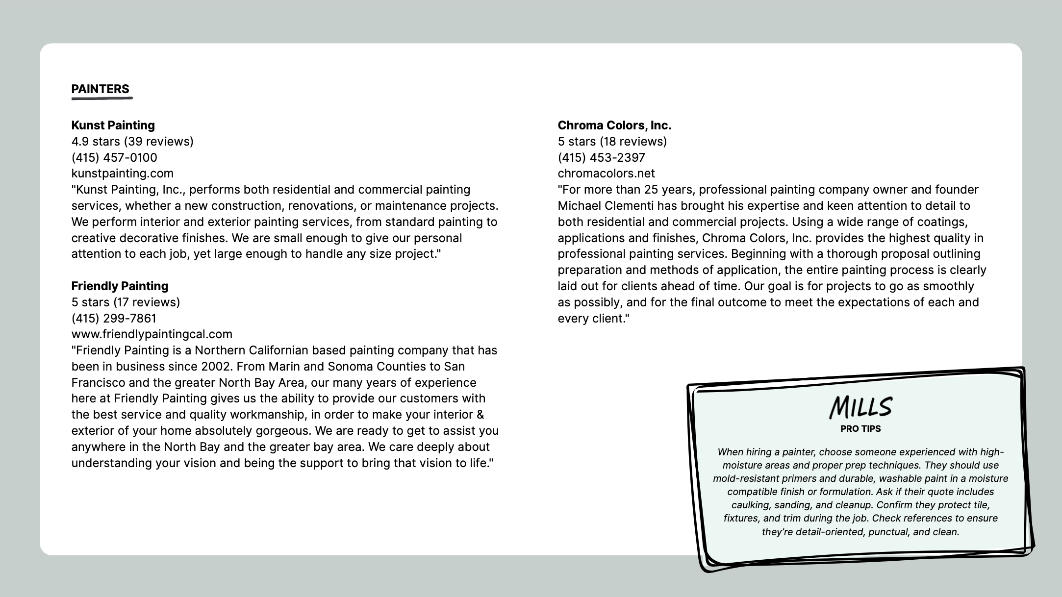 Image of a flyer listing painting companies with reviews and contact info. Featured companies include Kunst Painting, Friendly Painting, and Chroma Colors, Inc. Section includes a Mills pro tip box with advice on hiring painters. Background is light gray.