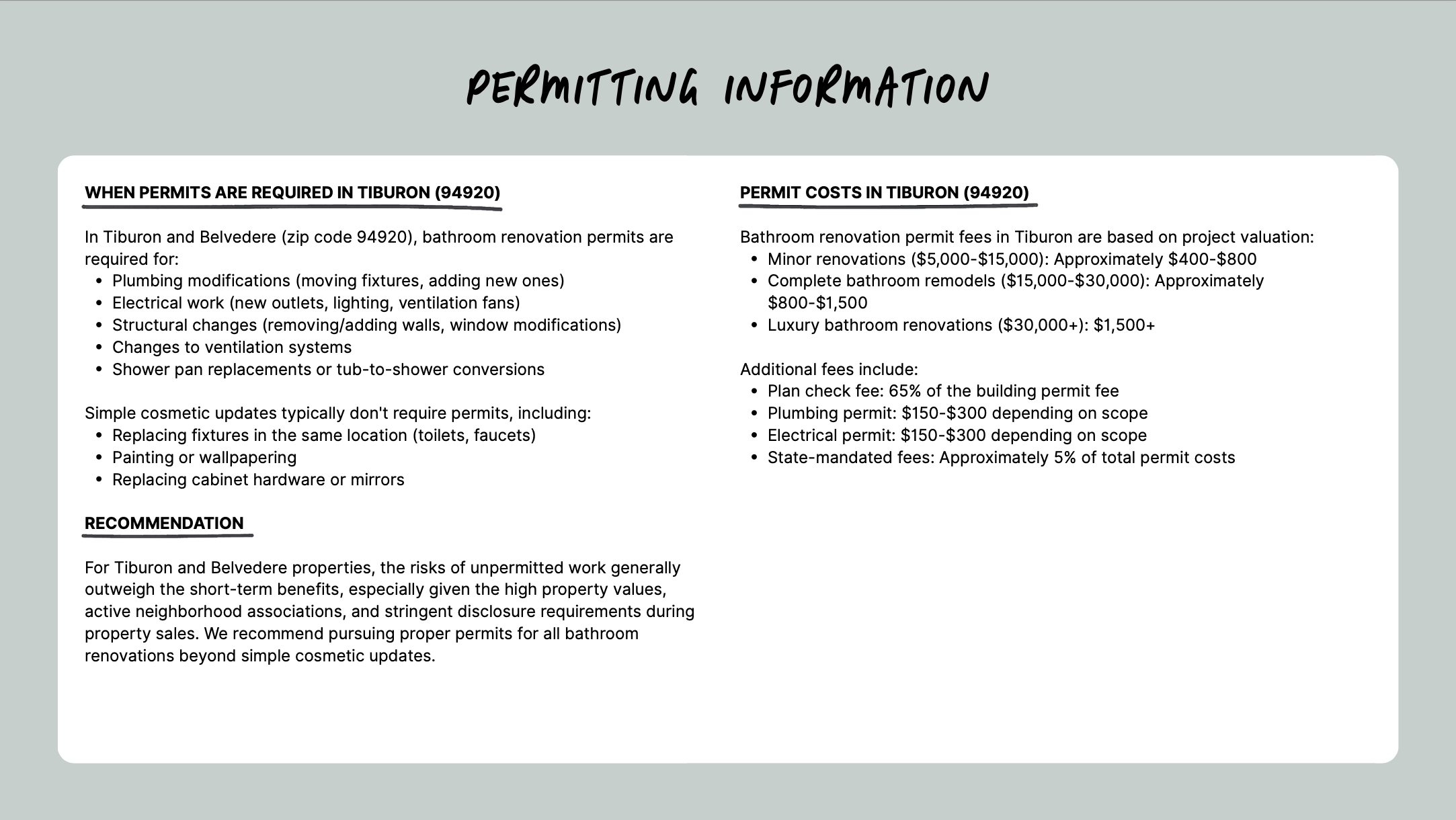 Bathroom permit information for Tiburon, California (94920), detailing when permits are required for renovations involving plumbing, electrical work, structural changes, and ventilation. Lists permit costs based on renovation scope and includes additional fees like plan checks and state-mandated fees. Recommends pursuing permits for renovations beyond simple cosmetic updates.