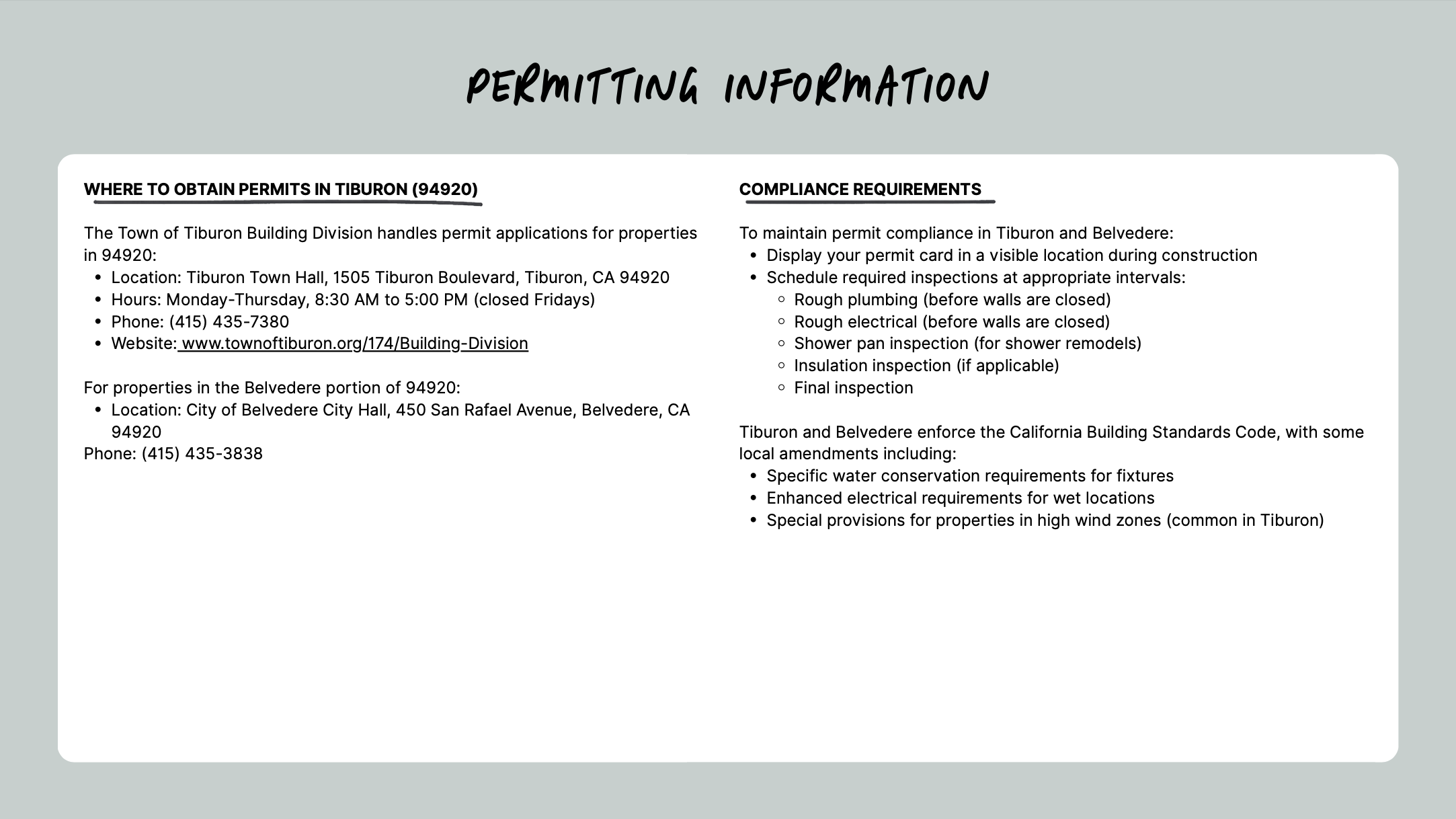 Permitting information for Tiburon, CA, including where to obtain permits and compliance requirements. Locations listed: Tiburon Town Hall and City of Belvedere City Hall. Inspection requirements and building standards code amendments mentioned.