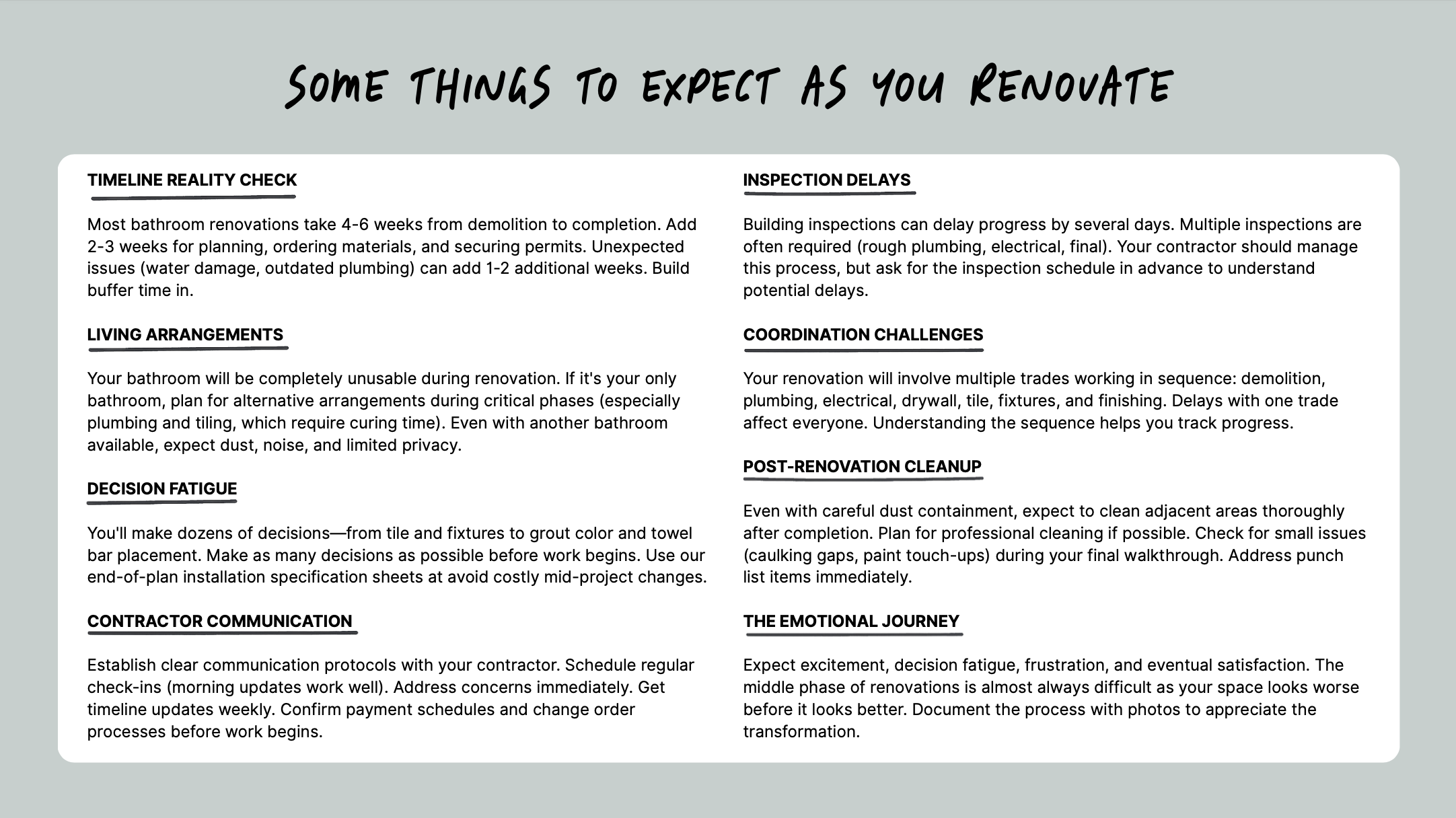 Infographic titled "Some Things to Expect as You Renovate" detailing renovation challenges, including timeline, living arrangements, decision fatigue, contractor communication, inspection delays, coordination challenges, post-renovation cleanup, and emotional journey.
