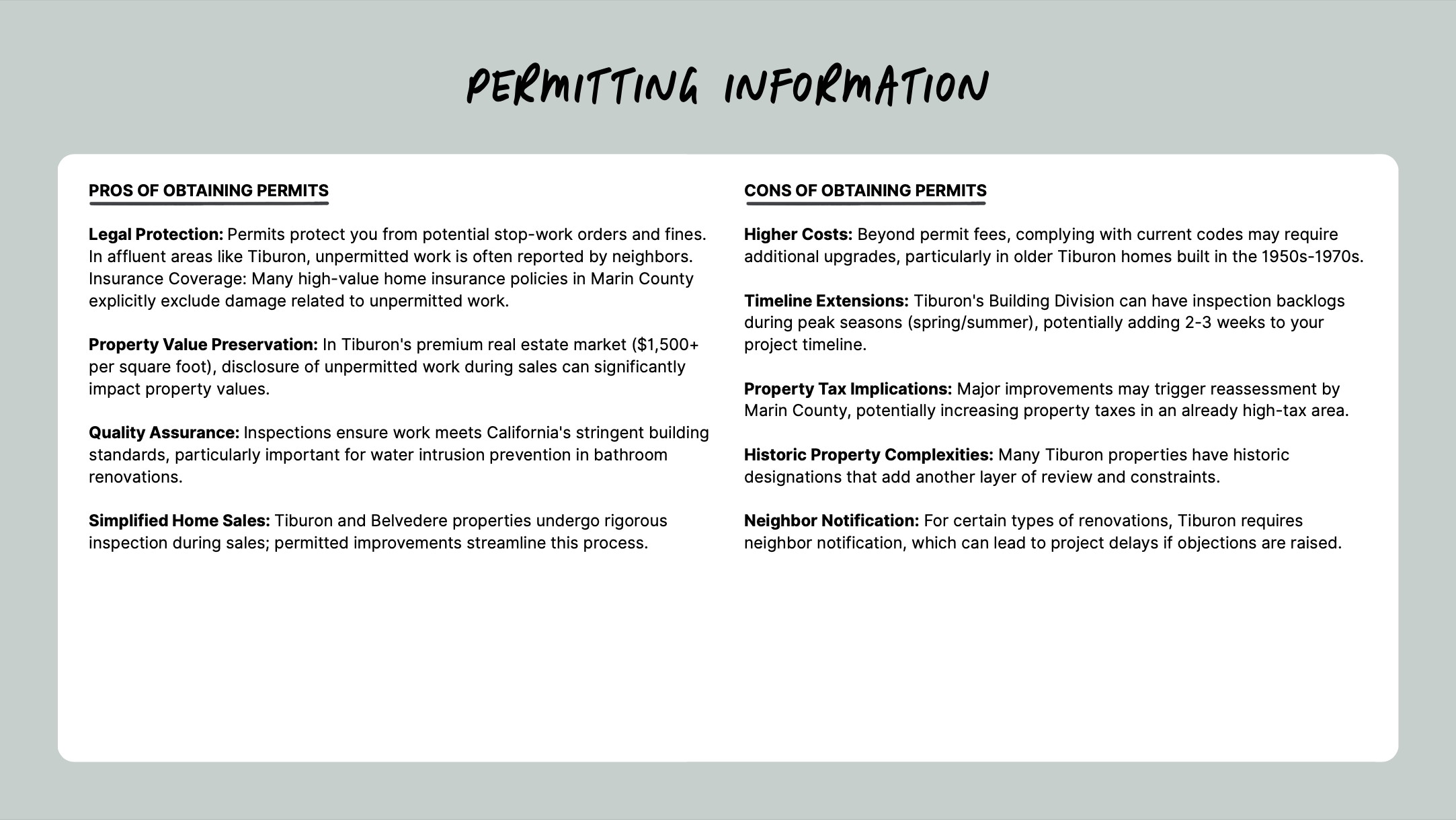 A chart titled "Permitting Information" detailing pros and cons of obtaining permits. Pros include legal protection, property value preservation, quality assurance, and simplified home sales. Cons include higher costs, timeline extensions, property tax implications, historic property complexities, and neighbor notification requirements.