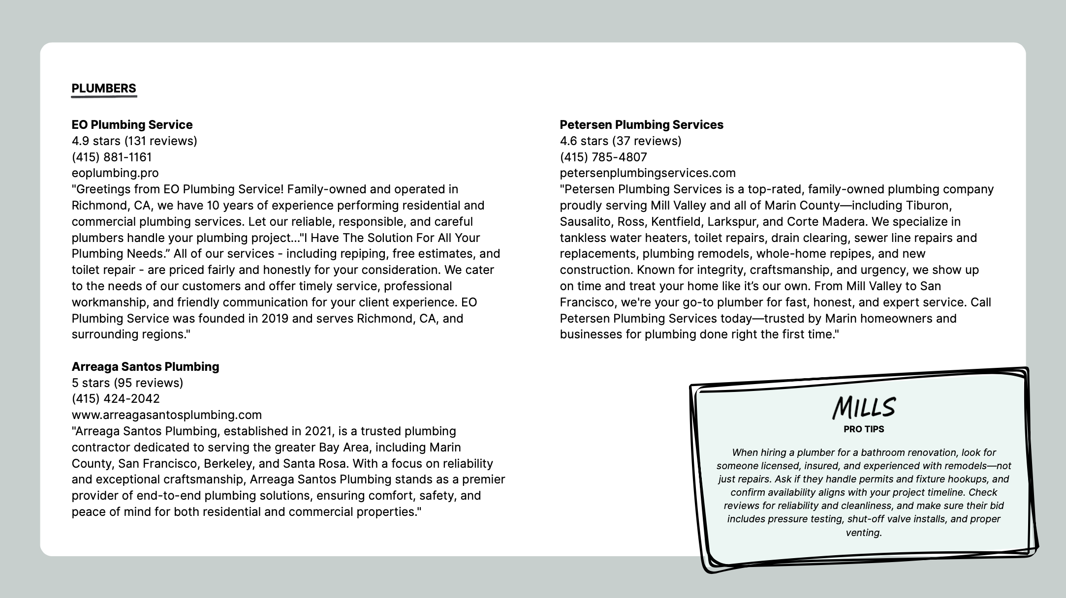Information about three plumbing services: EO Plumbing Service, Arreaga Santos Plumbing, and Petersen Plumbing Services, with contact details, ratings, reviews, and descriptions of their services. A box titled 'Mills Pro Tips' offers advice on hiring plumbers for bathroom renovations.