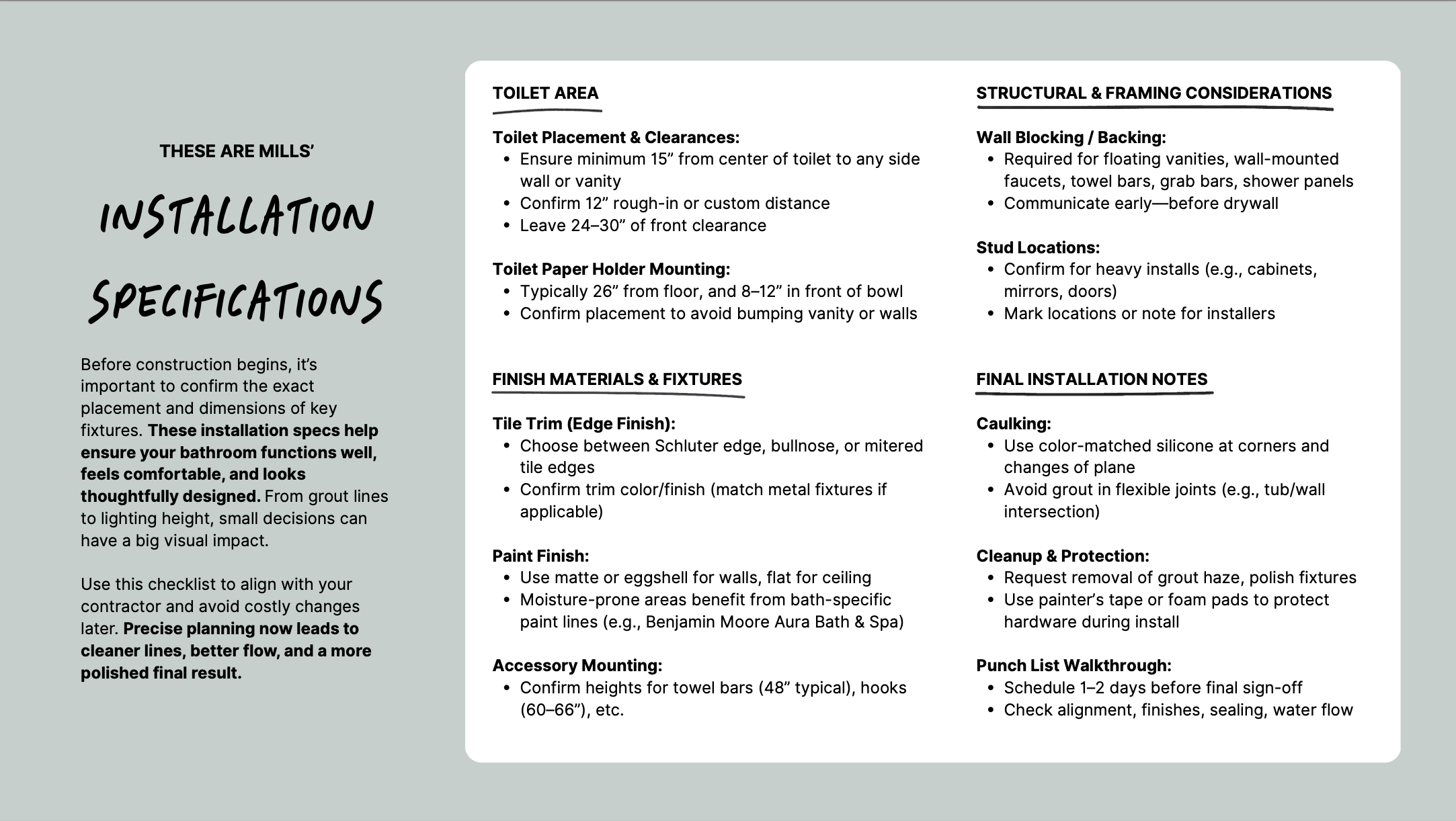 Bathroom installation specifications checklist with details on toilet area, finish materials, structural framing, and final installation notes.