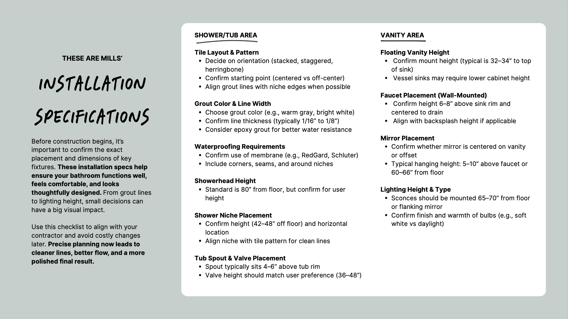 Bathroom installation guide with specifications for shower, tub, and vanity areas, including tile patterns, grout colors, waterproofing, fixture placements, and lighting heights.