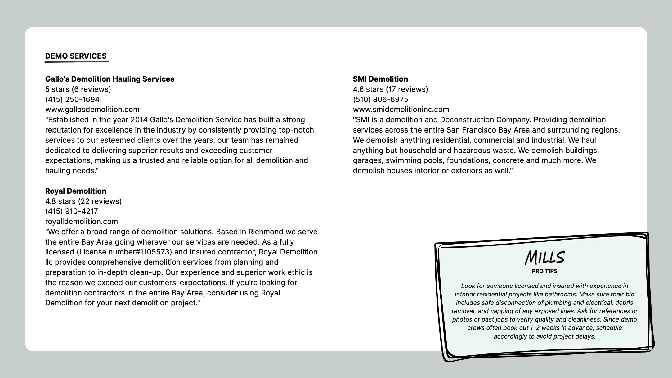 A comparison chart of demolition services featuring Gallo's Demolition Hauling Services, SMI Demolition, and Royal Demolition, including ratings, reviews, contact information, and service descriptions. A tip section in the bottom right provides advice on hiring demolition crews, such as checking credentials and planning ahead to avoid delays.