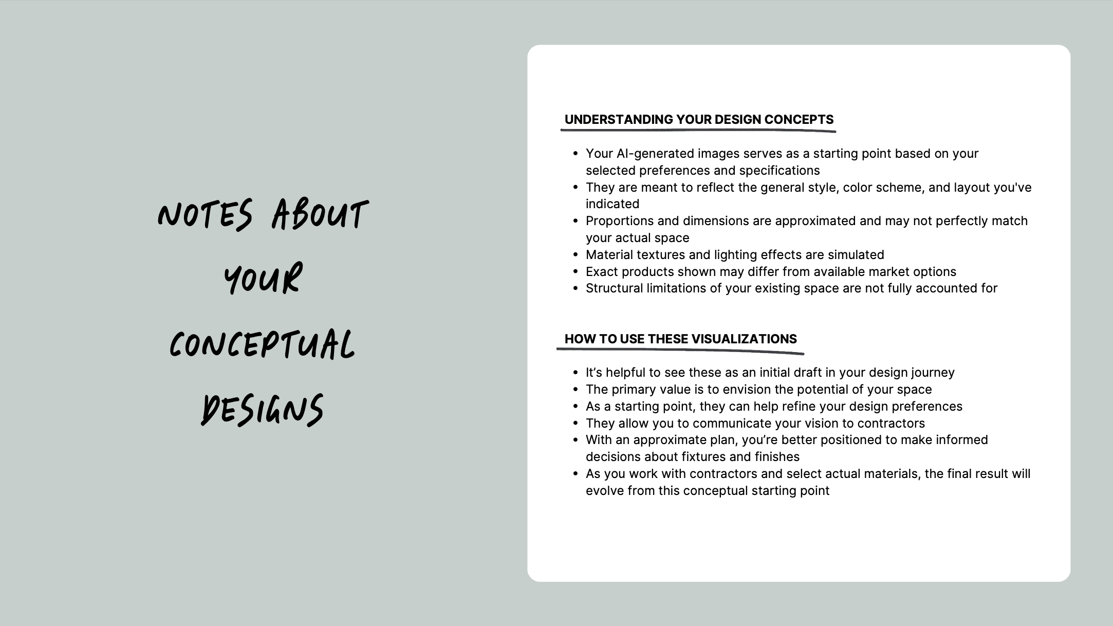 A graphic titled "Notes About Your Conceptual Designs" with a gray background. It includes sections on understanding design concepts and how to use visualizations. The text describes using AI-generated images as a starting design point, simulating textures, and refining designs with contractors.