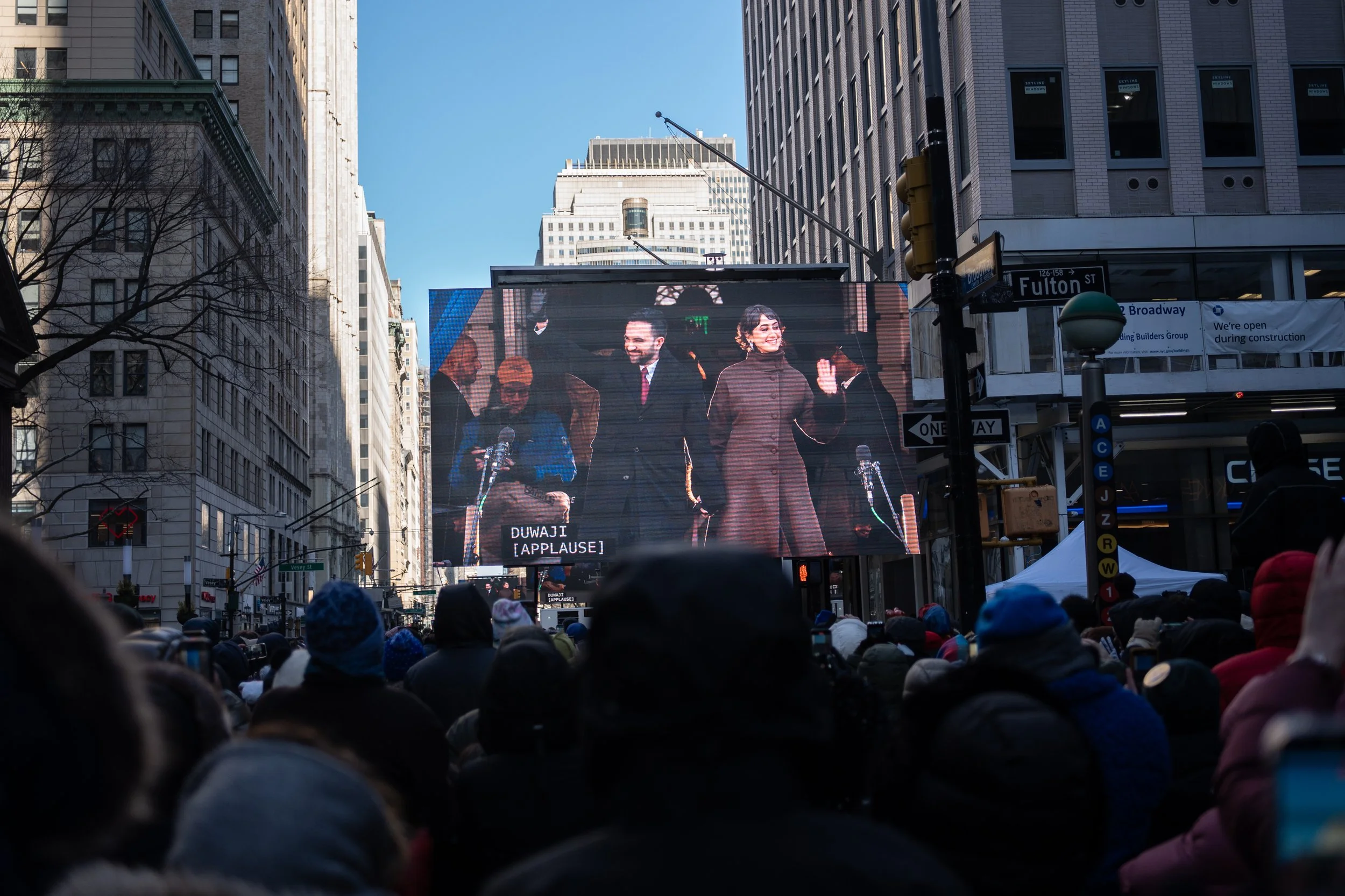 Jan. 2026: Mayor Zohran Mamdani and First Lady Rama Duwaji wave to the crowd at the Inauguration Day block party. [Epicenter NYC]