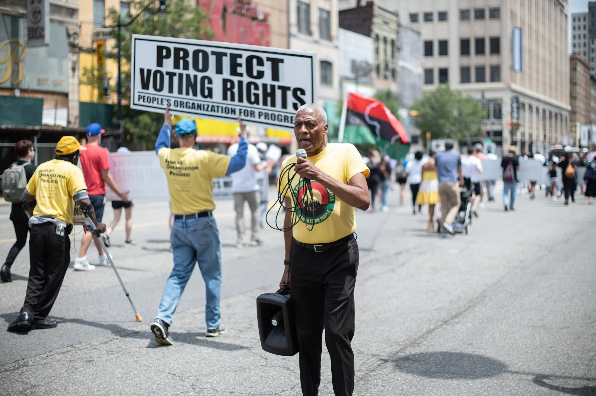 June 2021: Larry Hamm, center, leads a Juneteenth rally in Newark with his People's Organization for Progress. [NJ Spotlight News]