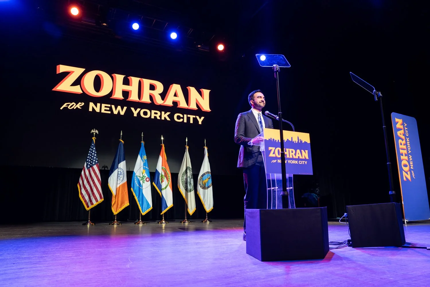 Nov. 2025: Mayor-Elect Zohran Mamdani takes the stage after the Associated Press called the NYC mayoral election in his favor. [AsAmNews]