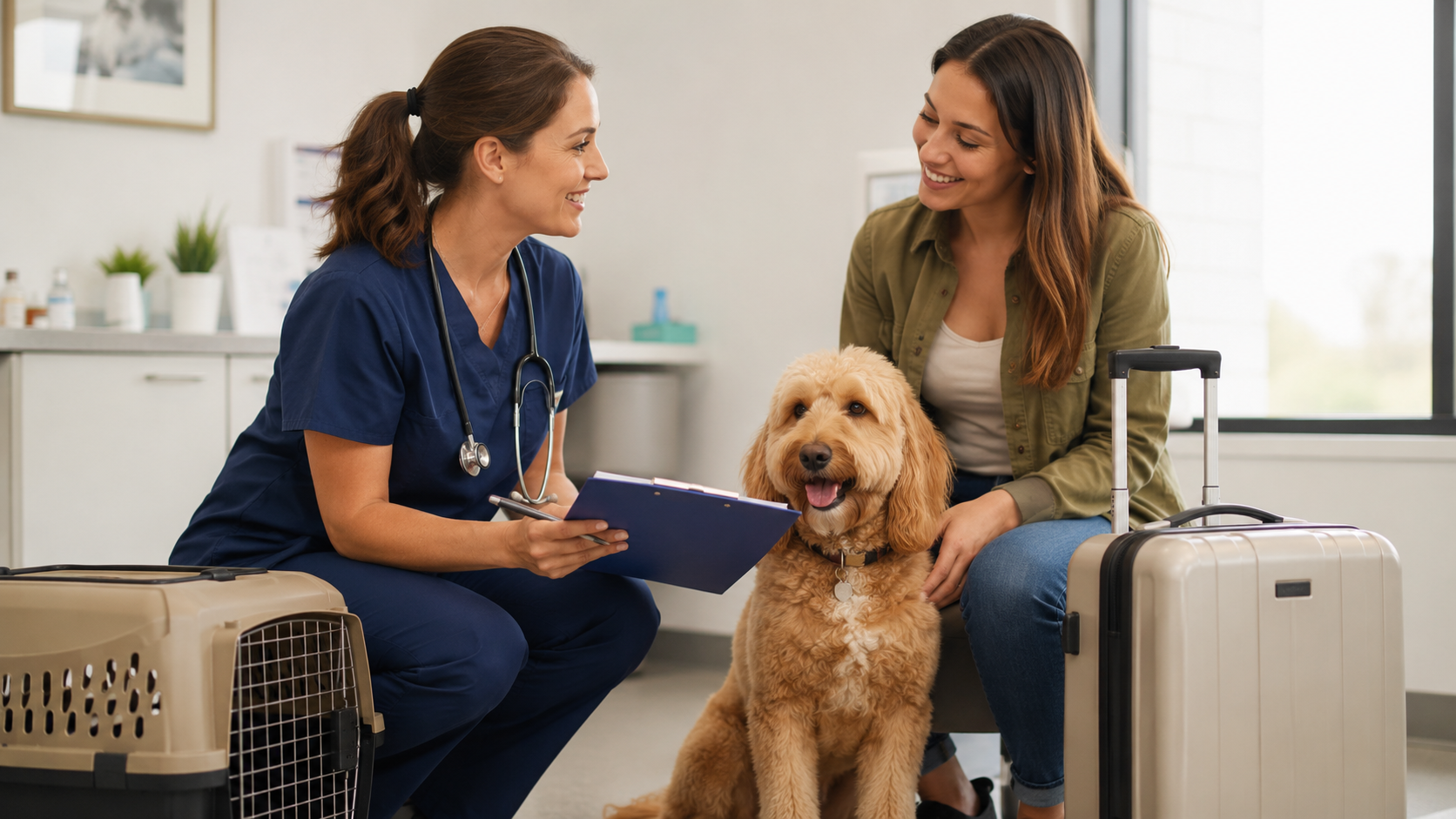 Veterinarian discussing pet travel health certificates with a dog owner beside a carrier and suitcase.