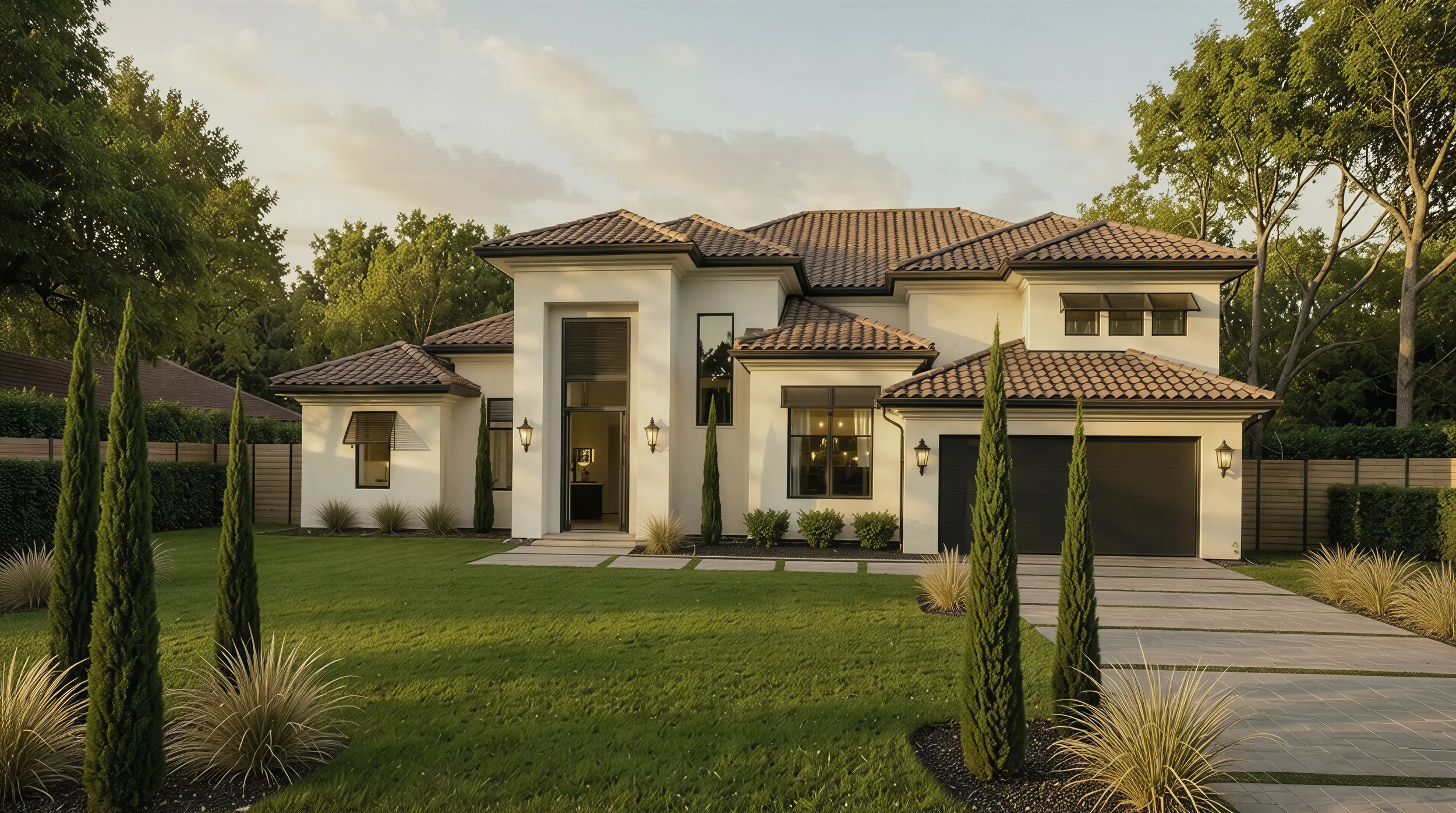 Mediterranean-style residence with traditional rooflines, white stucco exterior and integrated landscape design