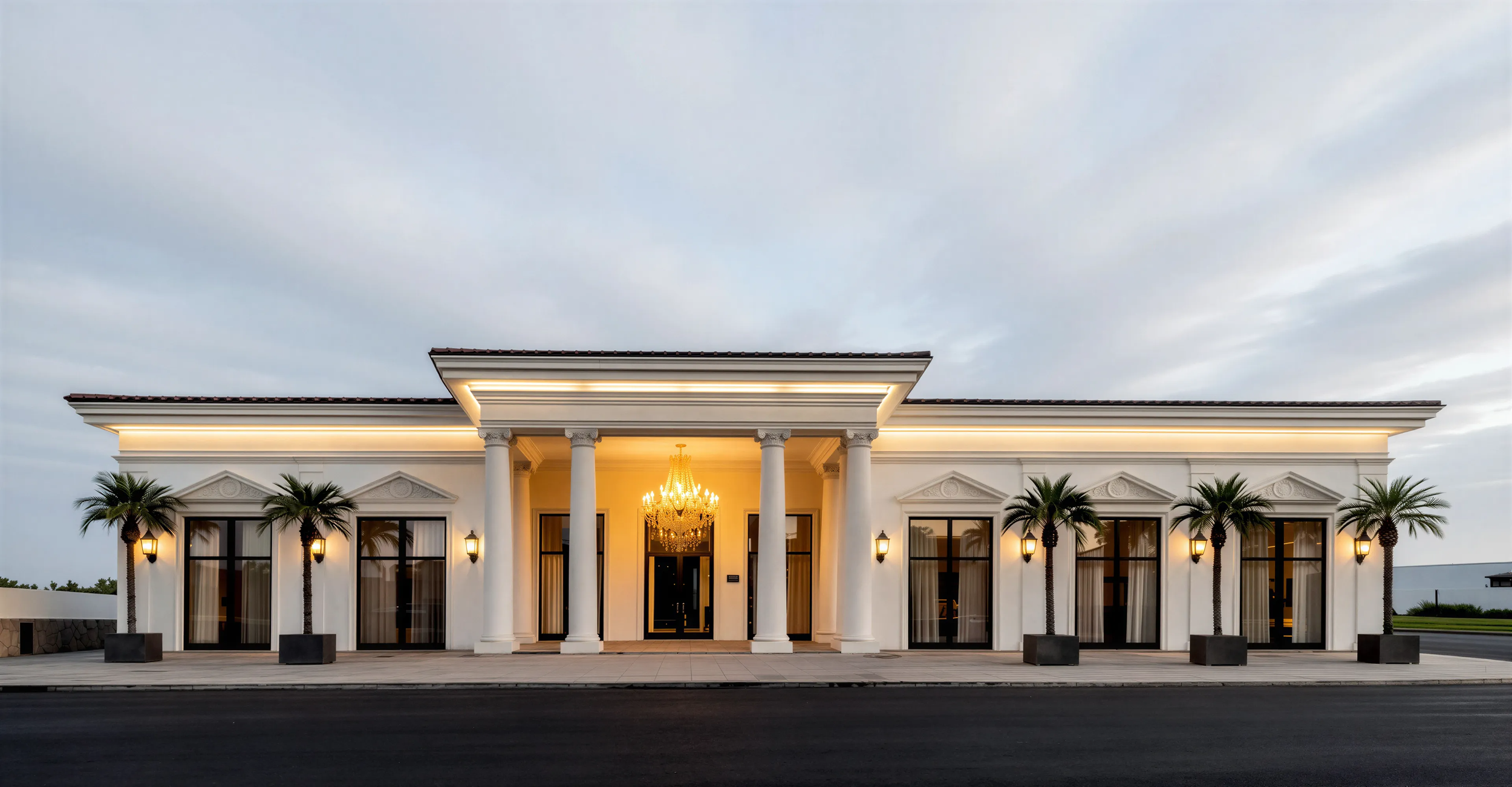 Neoclassical event venue with symmetrical architectural design