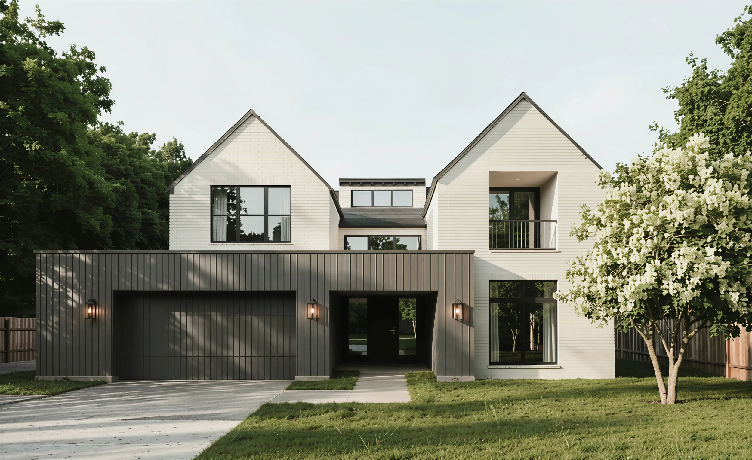 Contemporary white brick residence with metal roof and modern detailing