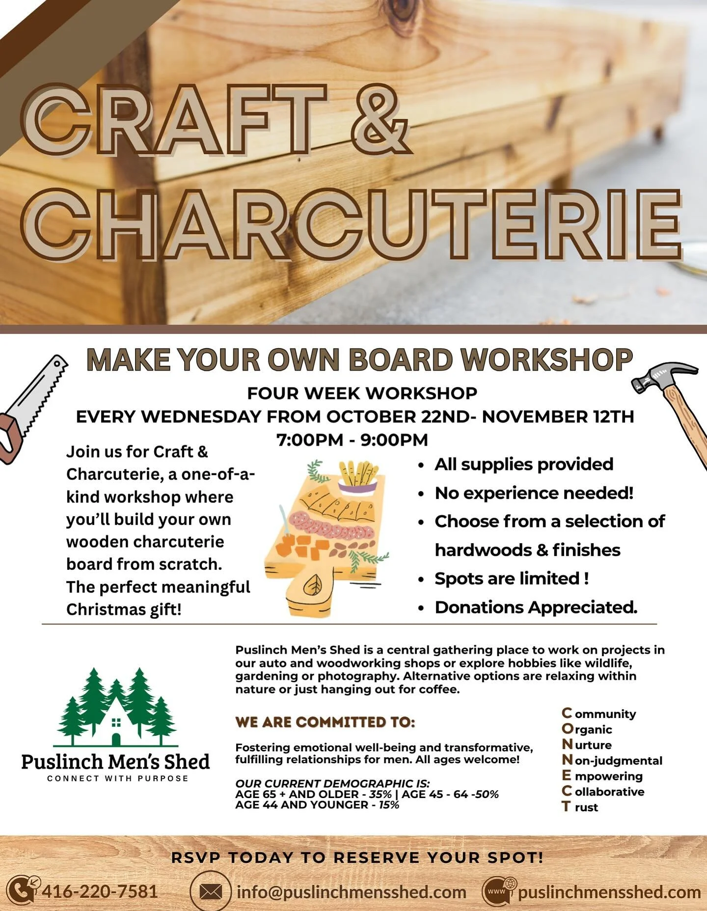 Join us for Craft &amp; Charcuterie!
Looking for a unique holiday gift ? Craft your own charcuterie board!

We welcome everyone for this free workshop!
Donations to cover materials and contribute to our sustainability are always welcome but never req