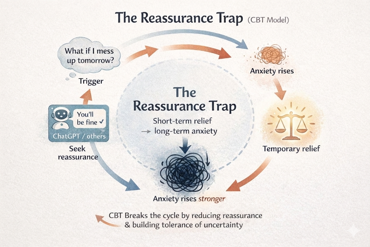 CBT Reassurance trap loop demonstrating how reassurance maintains long term Anxiety.