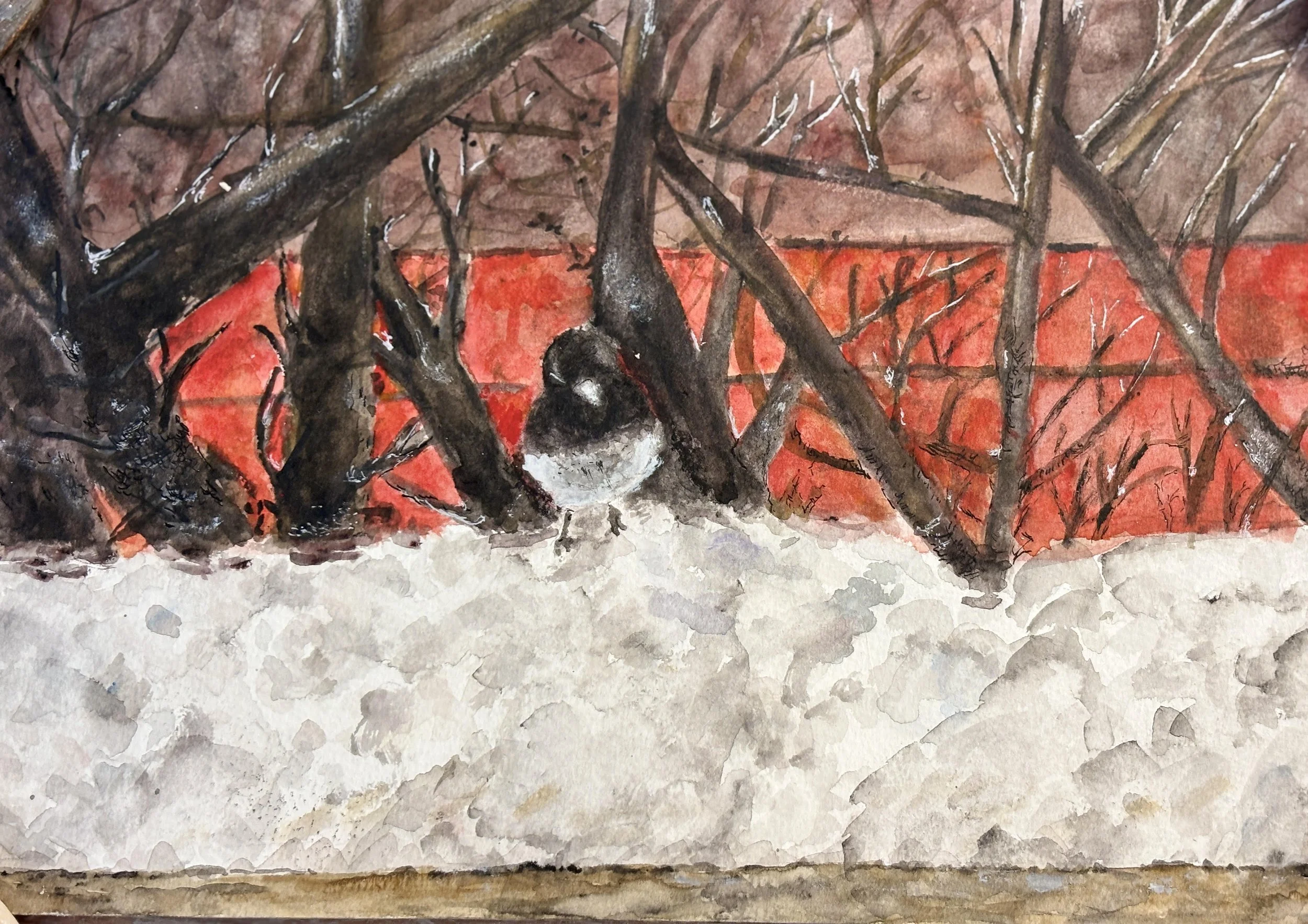 A painting of a small bird, possibly a chickadee, perched on snow with leafless branches, a red brick wall, and a cloudy sky in the background.