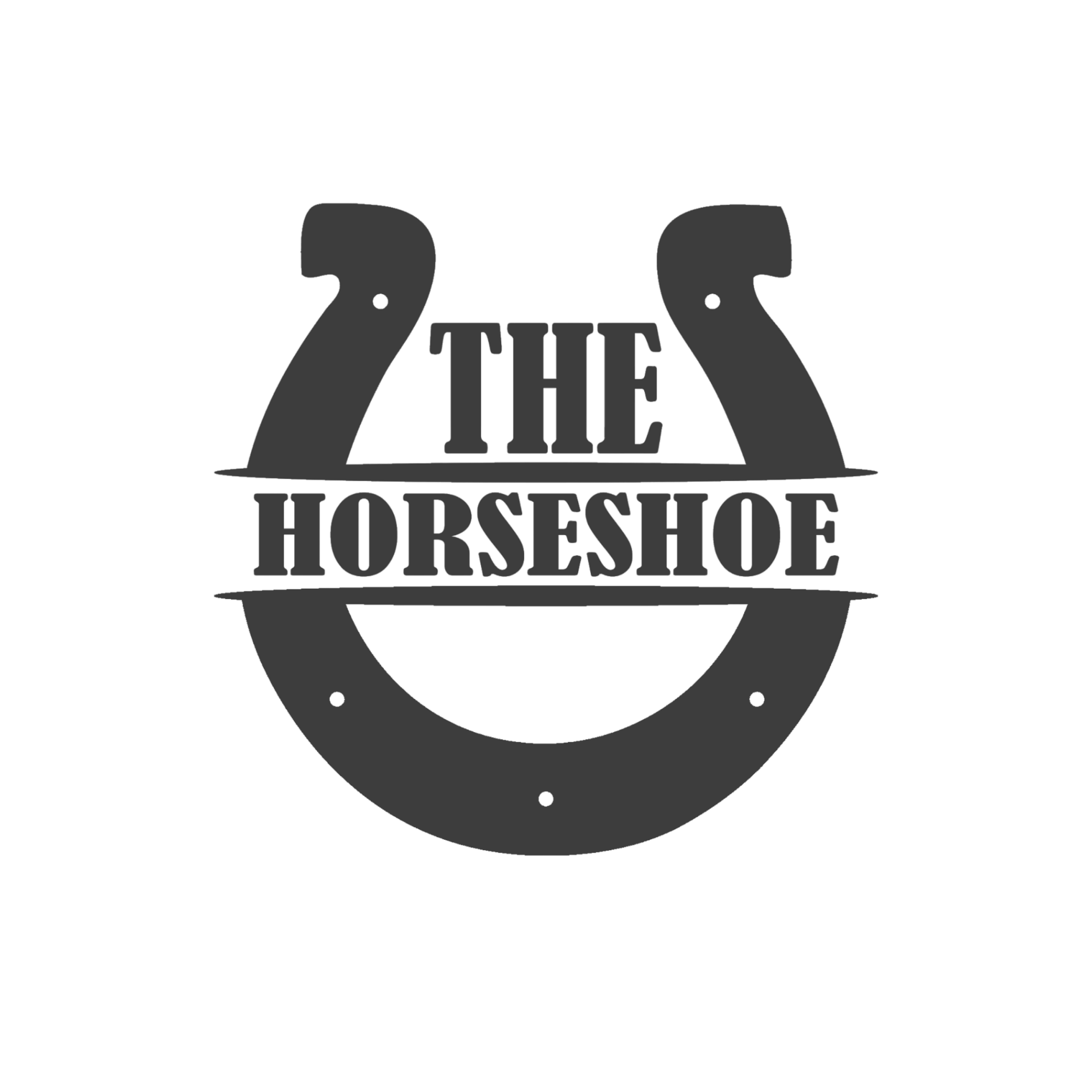 Black and white logo with horseshoe shape and text: "The Horseshoe".