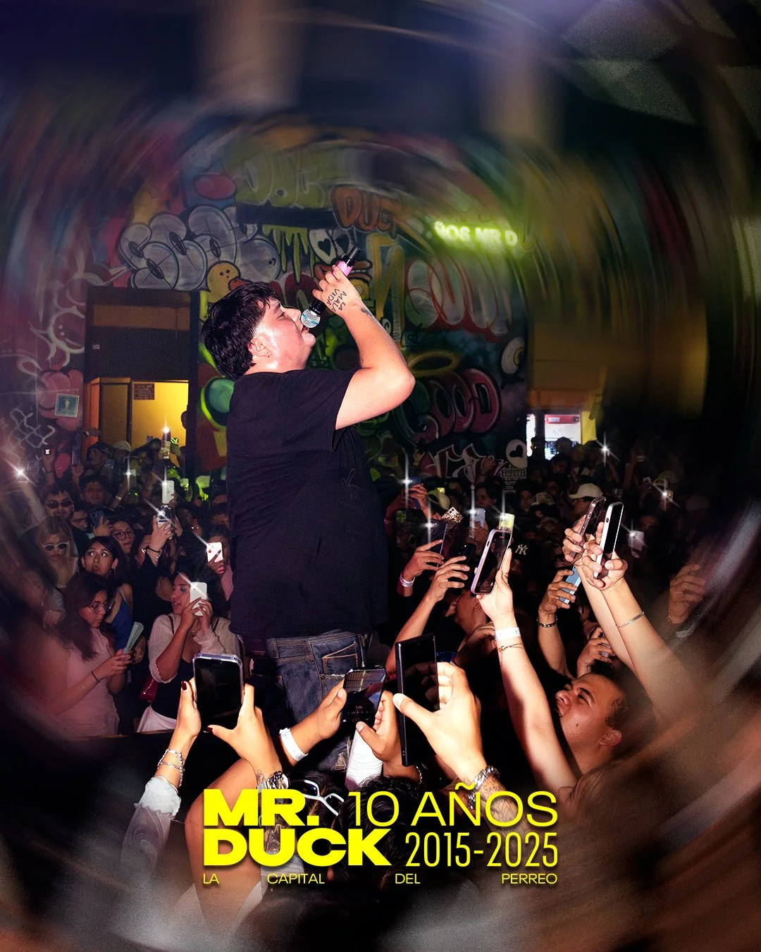A person singing into a microphone on stage at a concert or event with a crowd of people taking photos and watching. Colorful graffiti art on the wall behind them and overlay text celebrating 10 years of Mr. Duck.