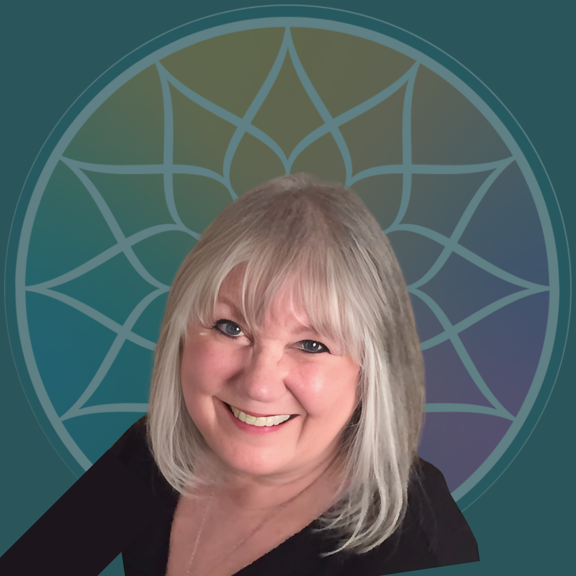 A smiling woman with shoulder-length gray hair, wearing a black top, in front of a geometric background with a circular pattern.