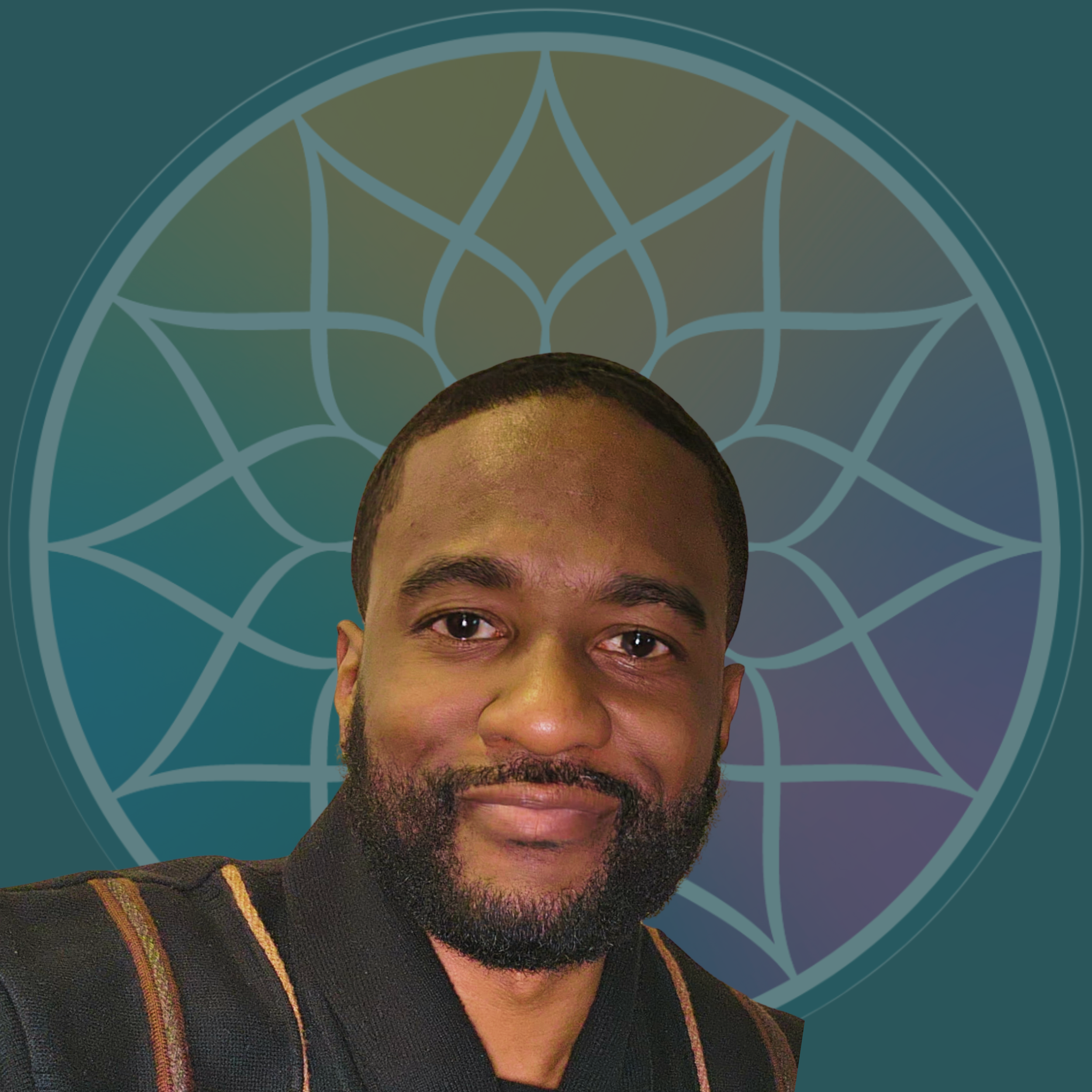 A man with a beard smiling in front of a dark teal circular geometric pattern background.