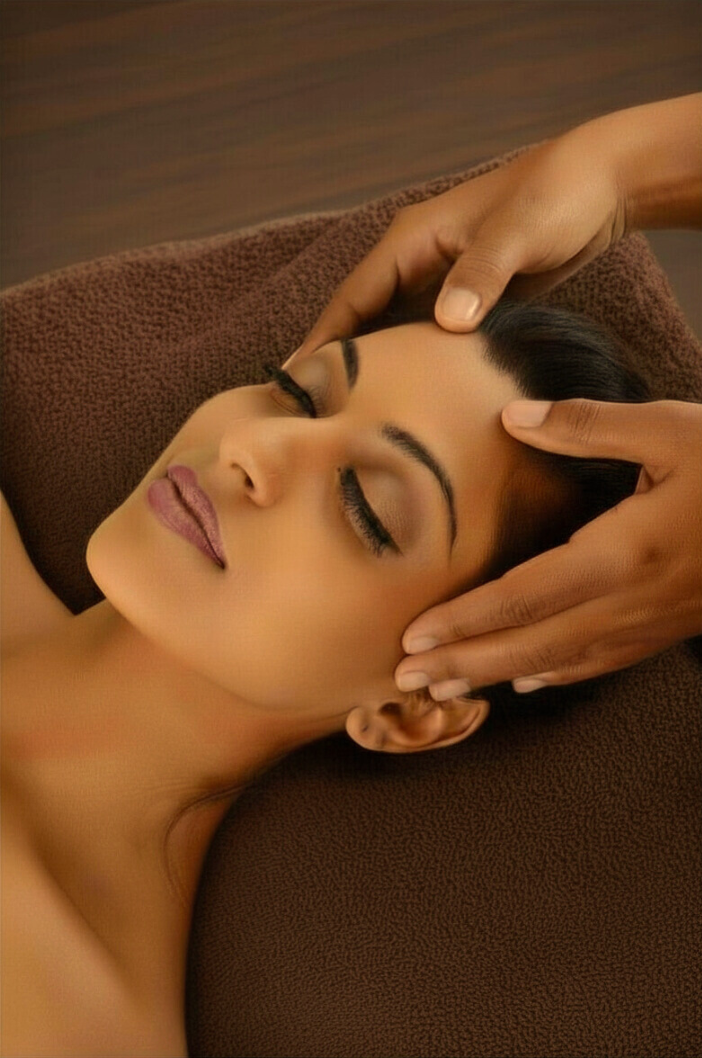 Woman receiving a relaxing massage on her forehead and temples while lying down.