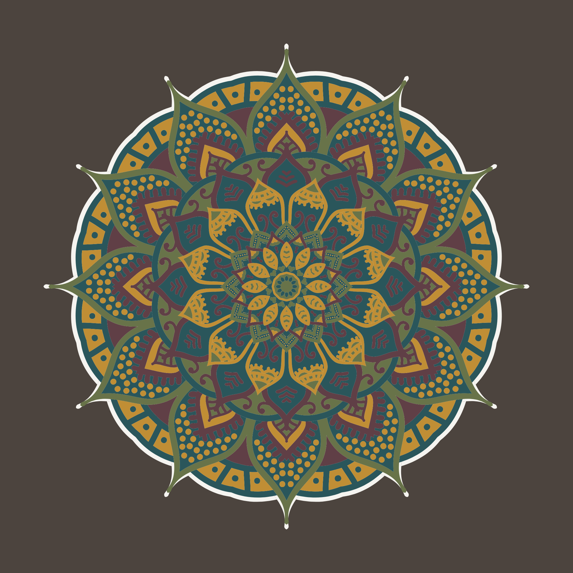 Colorful mandala with intricate patterns in yellow, green, purple, and orange on dark background.