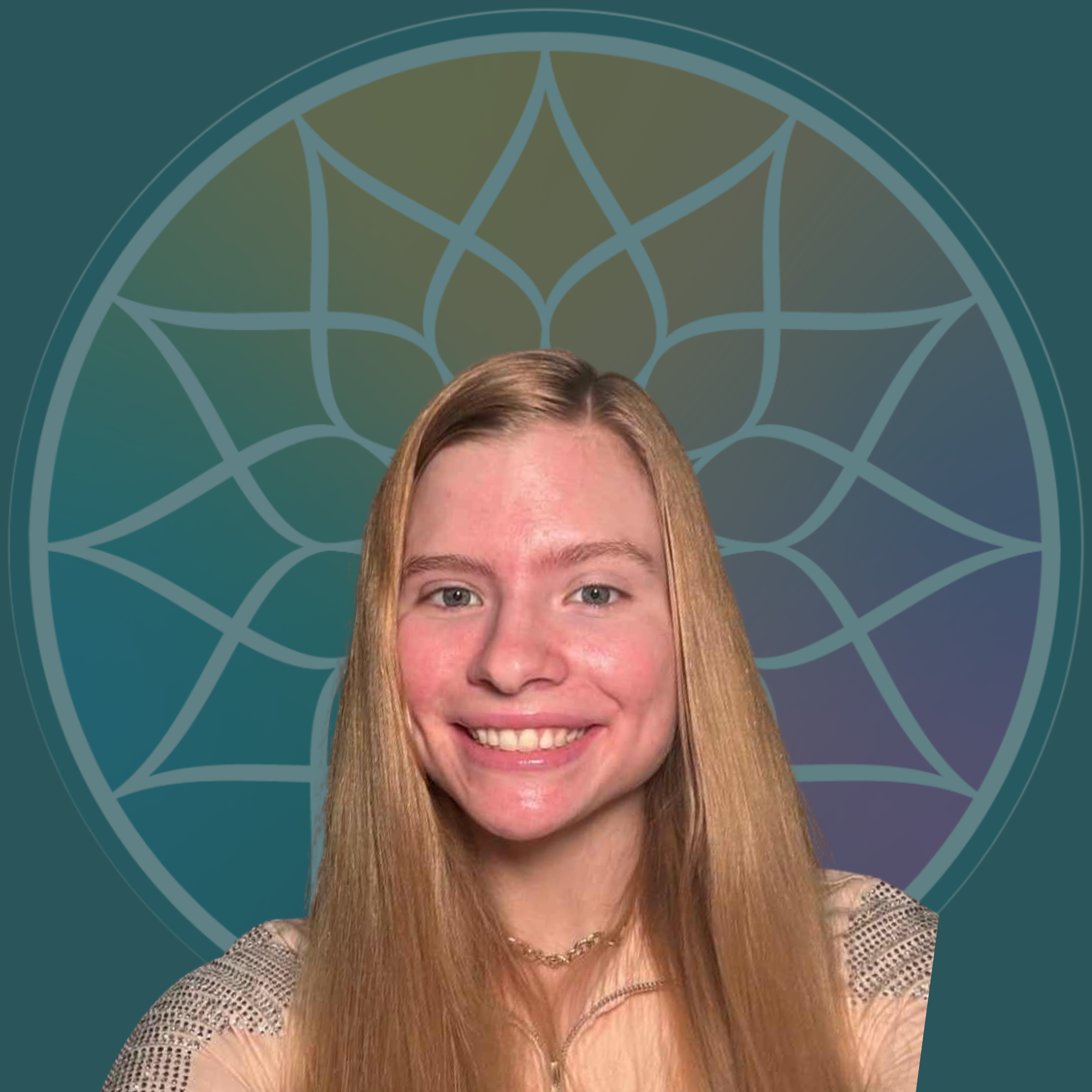 A young woman with long blonde hair smiling in front of a digital background with a geometric pattern and a mandala design.
