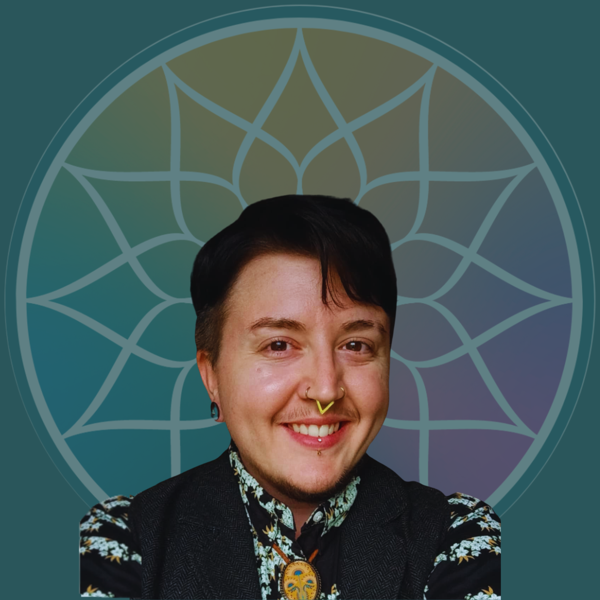A smiling person with short dark hair, a nose piercing, and wearing a floral-patterned shirt with a black vest, standing in front of a circular geometric design with gradient colors.