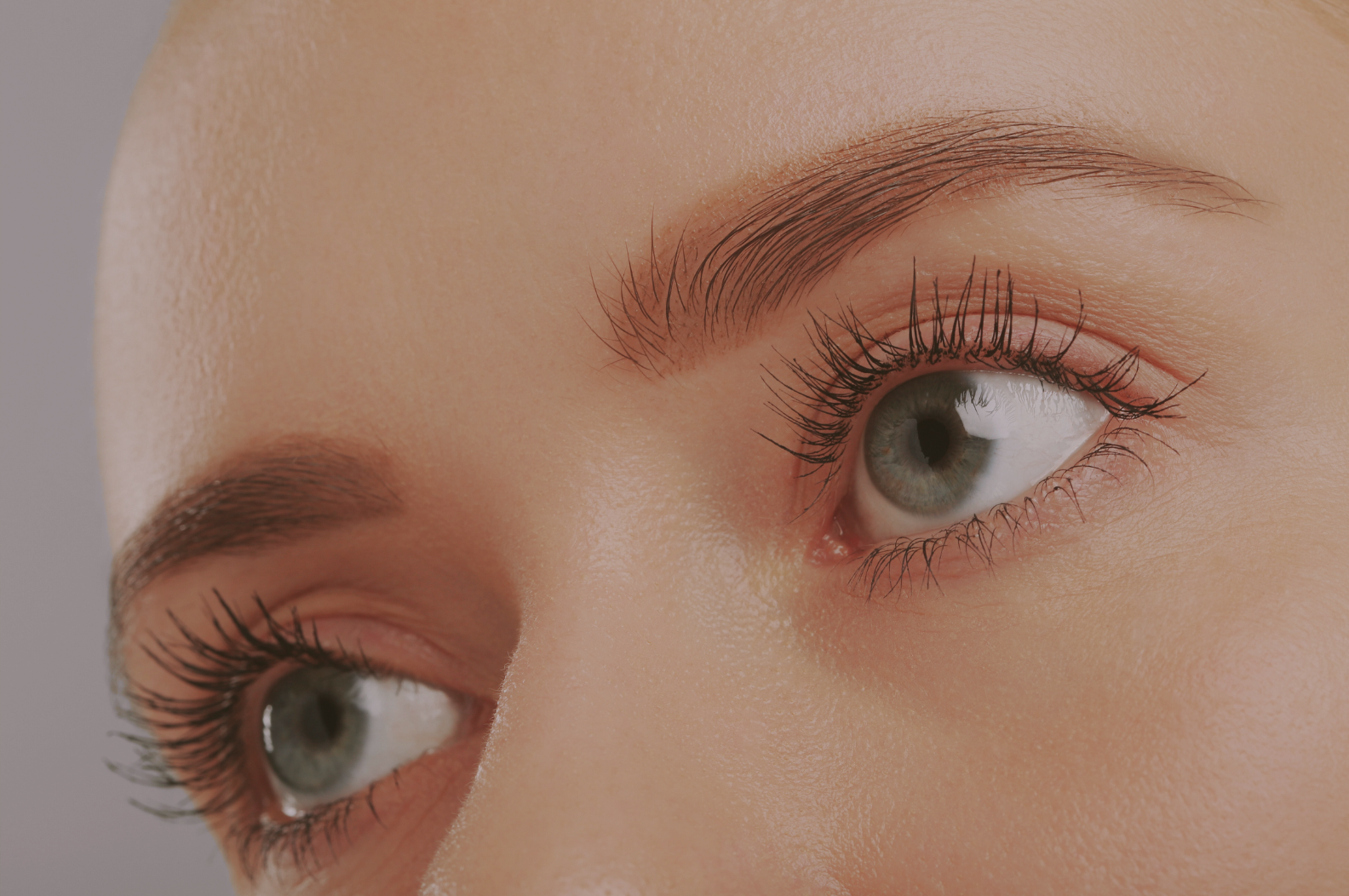 Close-up of a person's face showing their blue eyes, long eyelashes, and neatly shaped eyebrows.