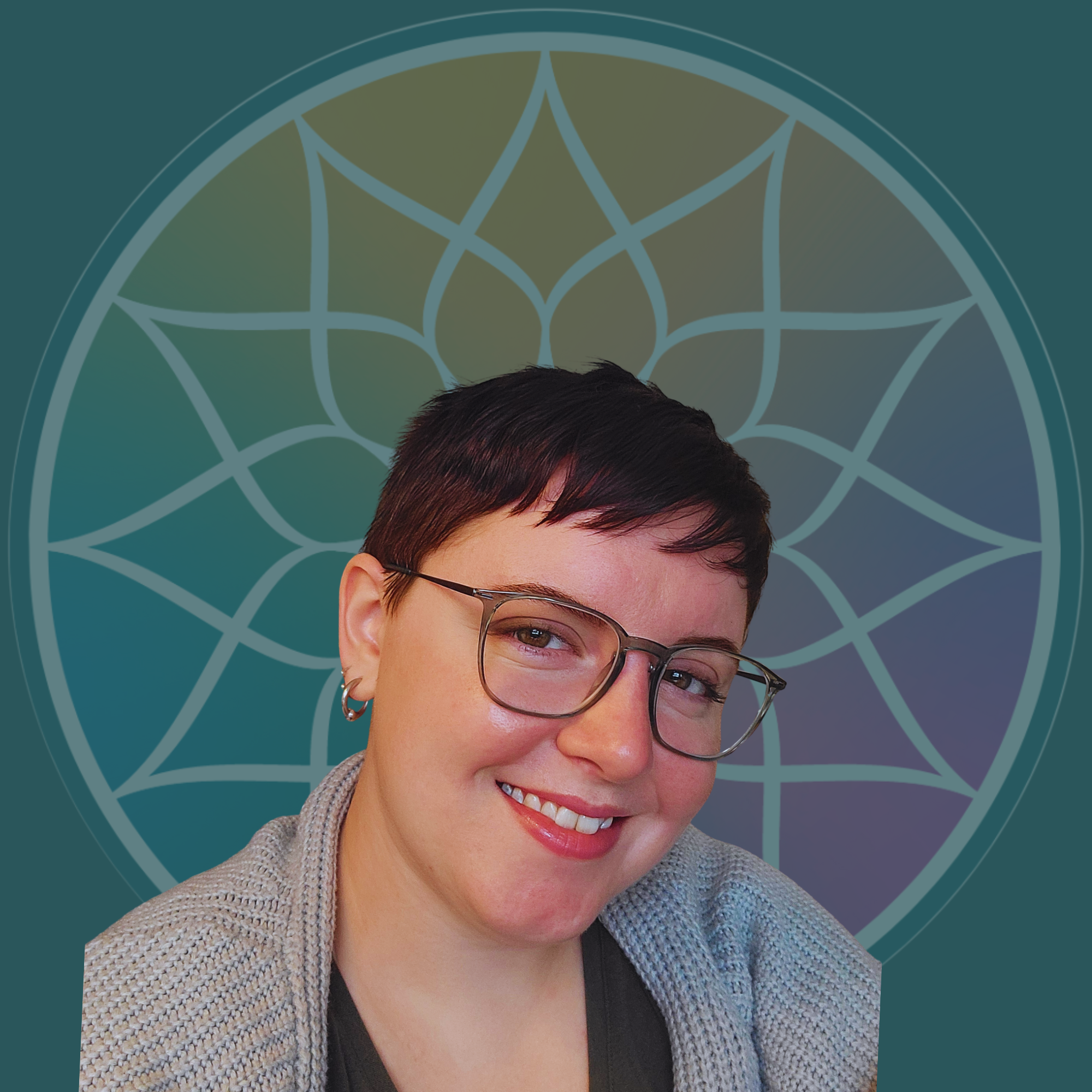 A woman with short dark hair, glasses, and earrings smiling in front of a circular geometric pattern background.