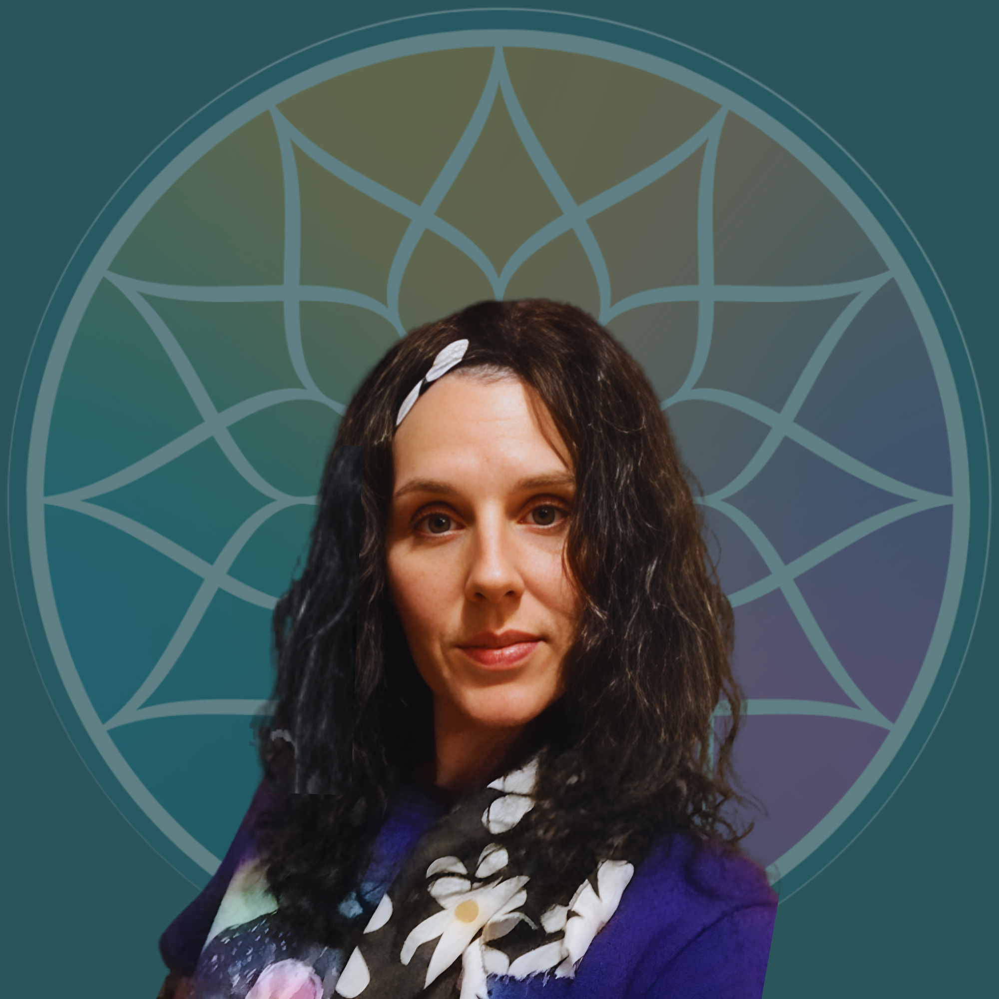 Portrait of a woman with dark, curly hair wearing a purple top and a black and white floral scarf, in front of a geometric, mandala-like background.