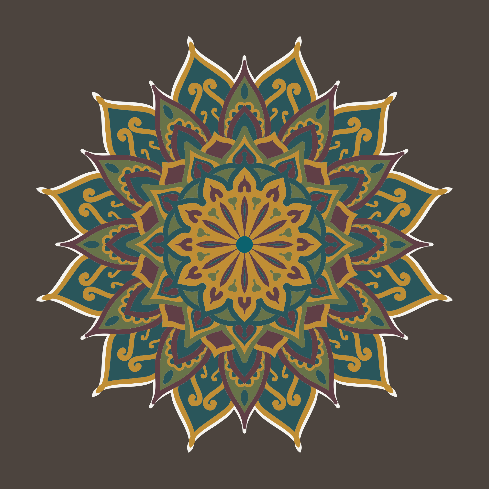 A detailed, symmetrical mandala with intricate patterns and shapes in shades of green, purple, teal, and gold on a dark background.