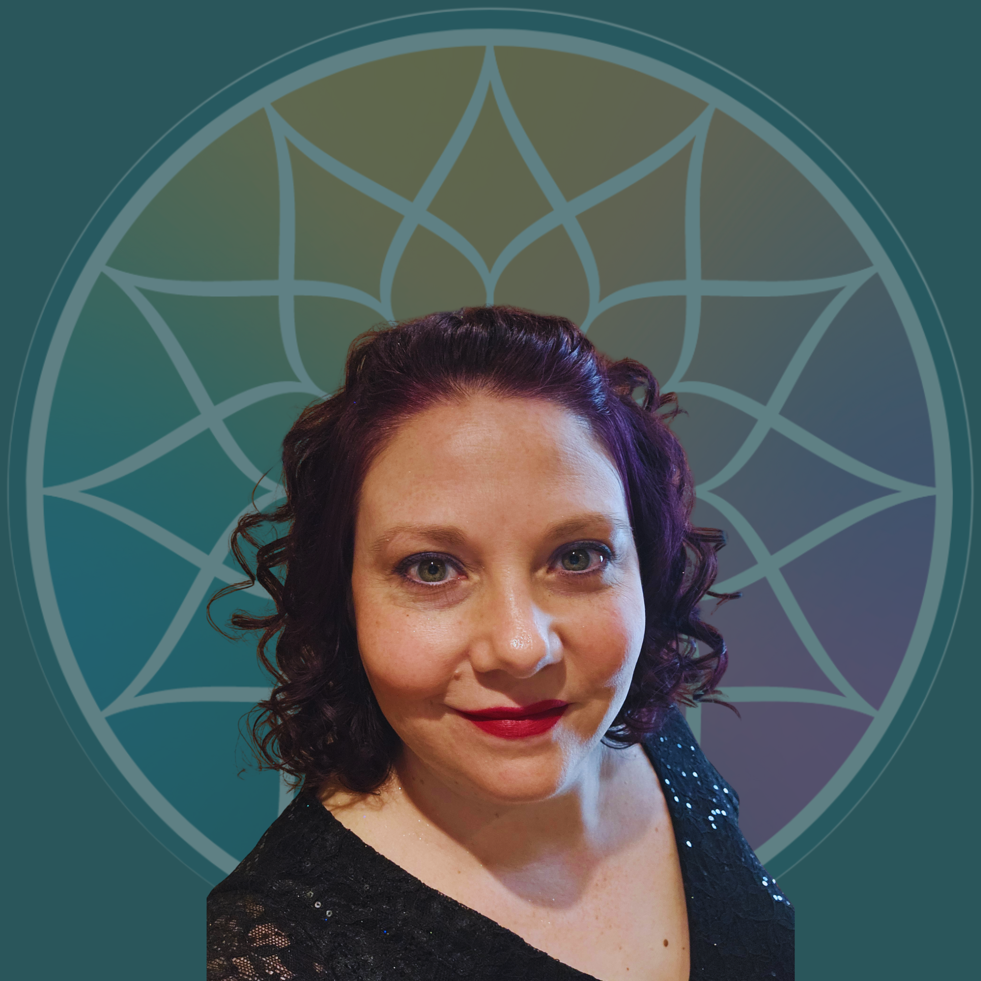A woman with dark curly hair and red lipstick takes a selfie in front of a geometric, mandala-like background.