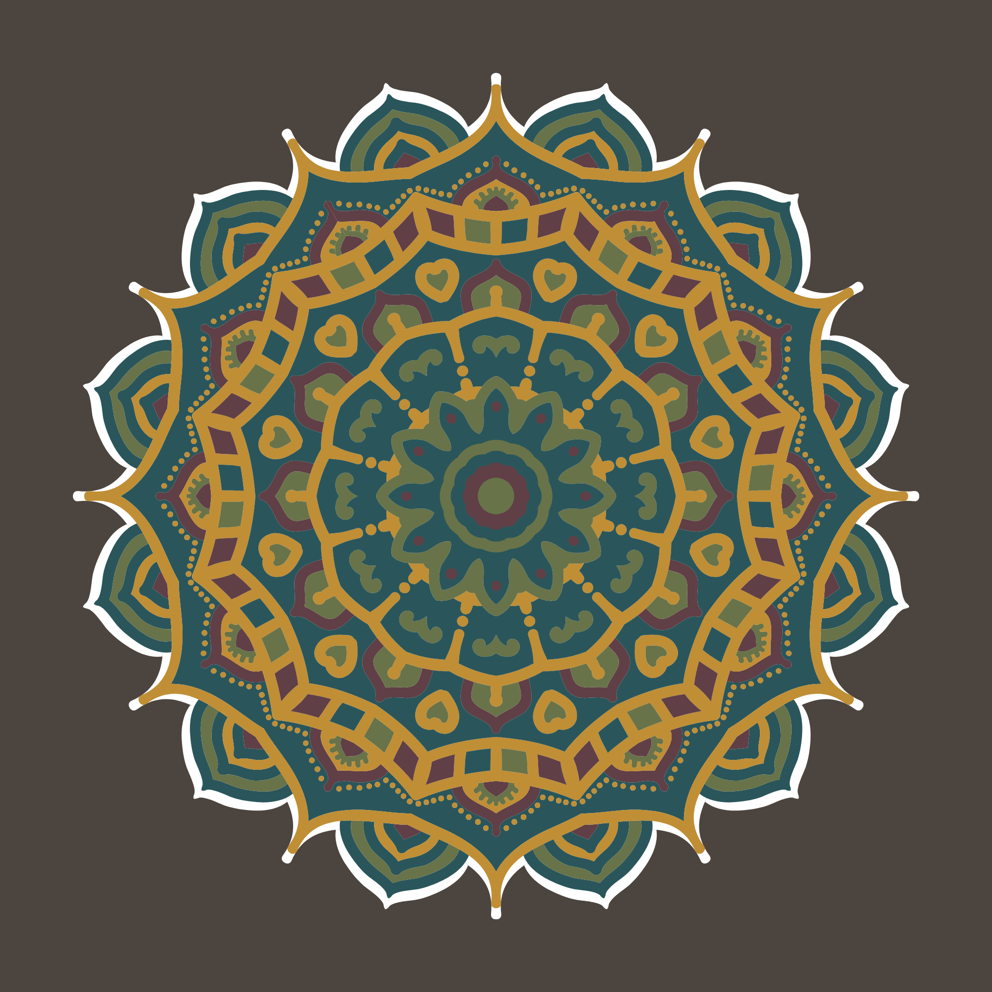 Intricate, colorful mandala with symmetrical patterns on a dark background.