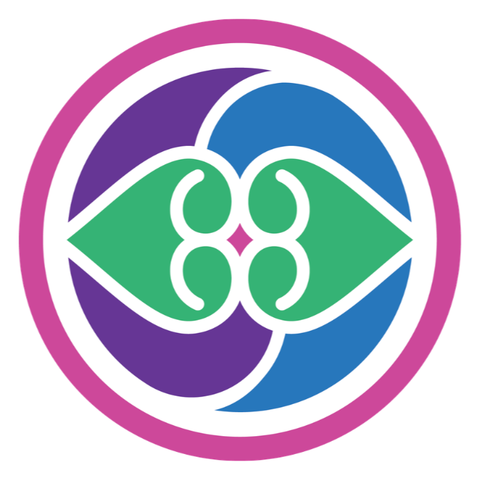 A circular geometric design featuring two stylized leaves in green, with a purple and blue background, all surrounded by a pink border.