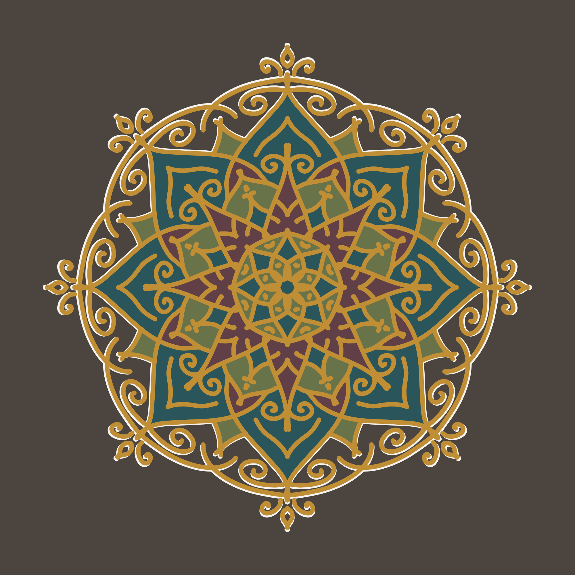 Intricate mandala with symmetrical geometric patterns, gold outlines, and shades of green, blue, and purple on a dark gray background.