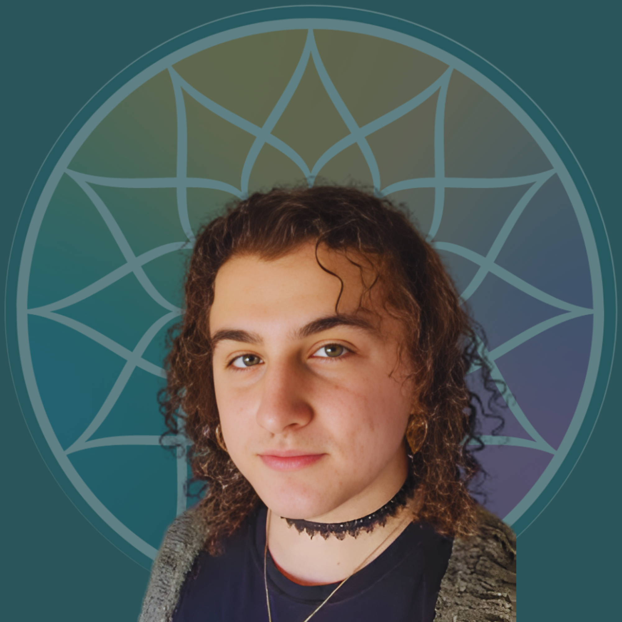 Portrait of a young woman with curly brown hair, light skin, wearing a black choker, jewelry, and a dark top, with a geometric pattern background.